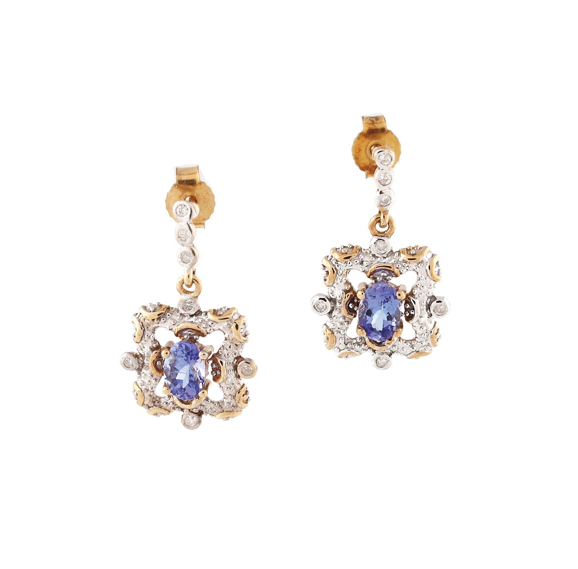 Pereche de cercei din aur, decorată cu tanzanite şi diamante