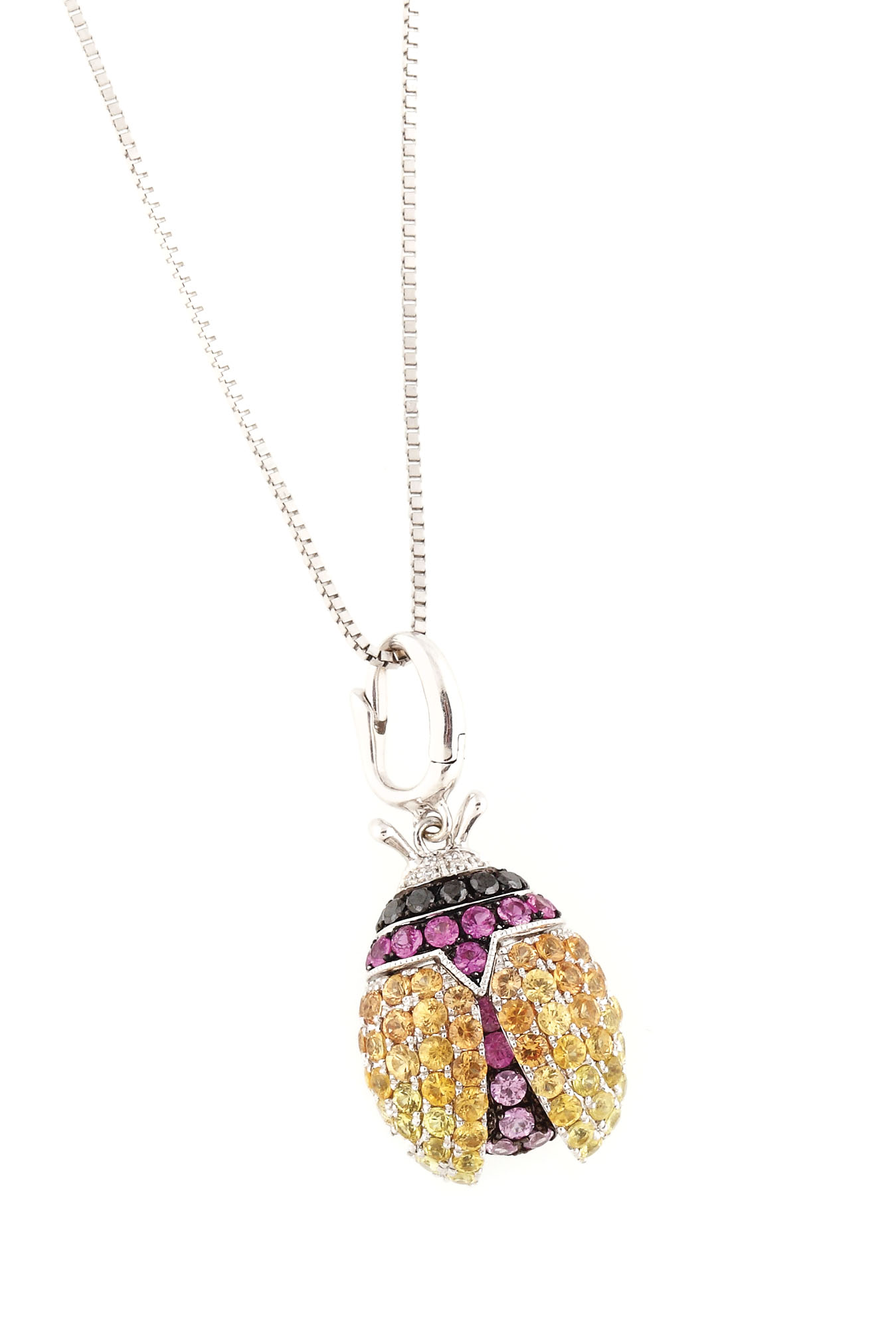 "Ladybird" - white gold chain and pendant, paved with pink and yellow sapphires and diamonds