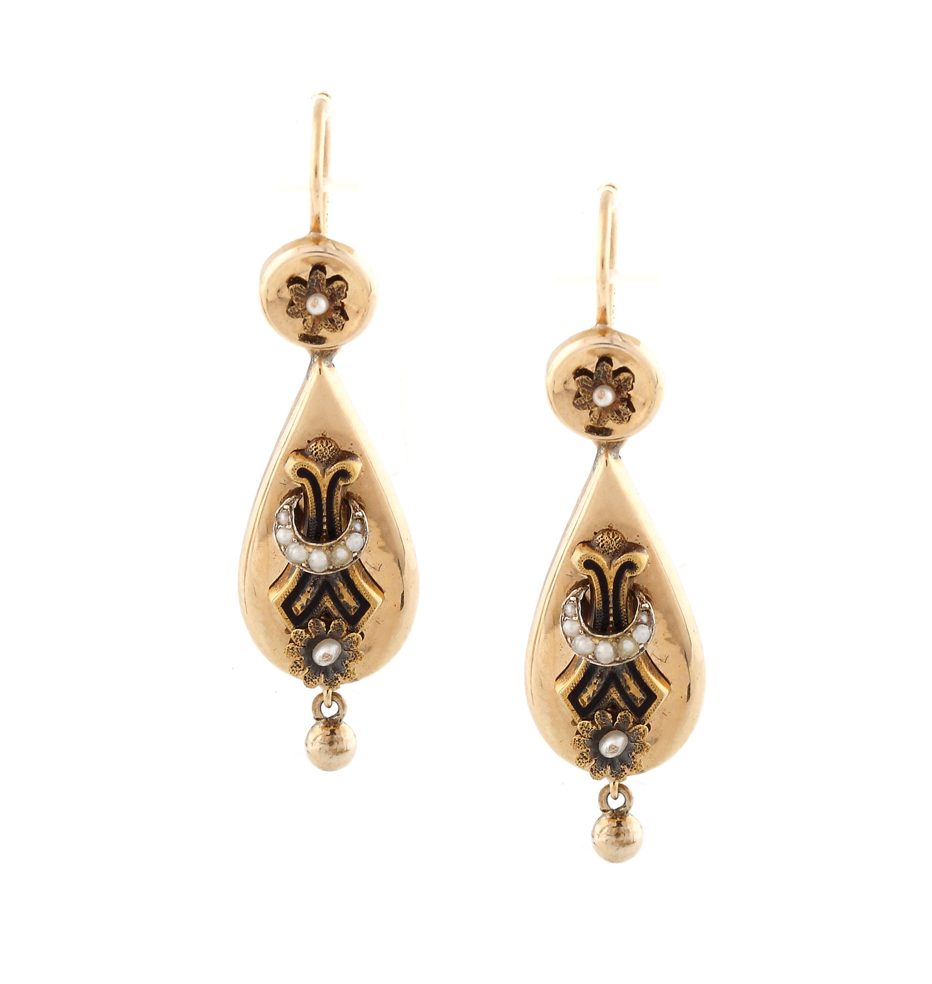 Pair of Viennese gold earrings, ornate with saltwater pearls and enamel, ca. 1890