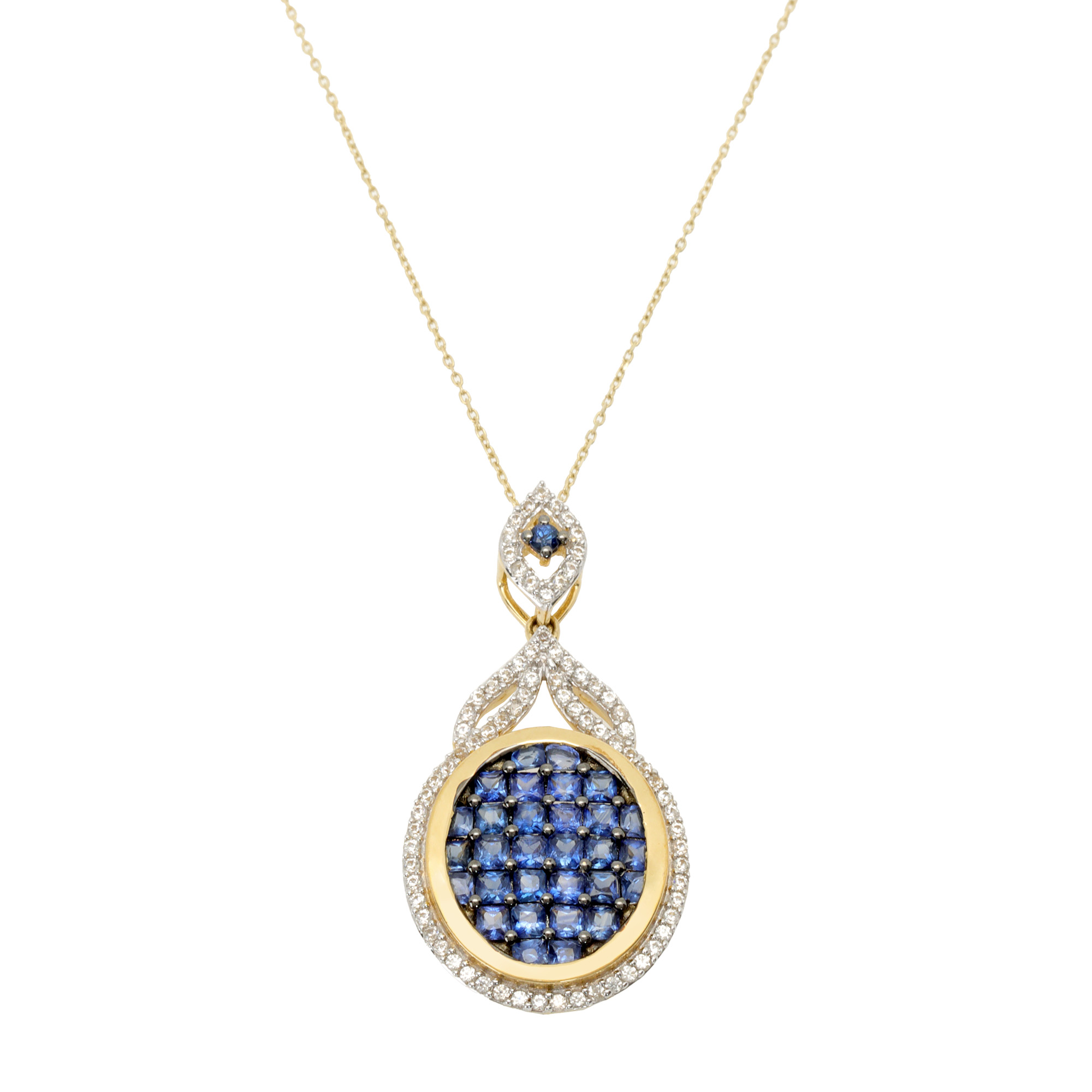 Gold necklace with pendant, decorated with topaz and sapphires