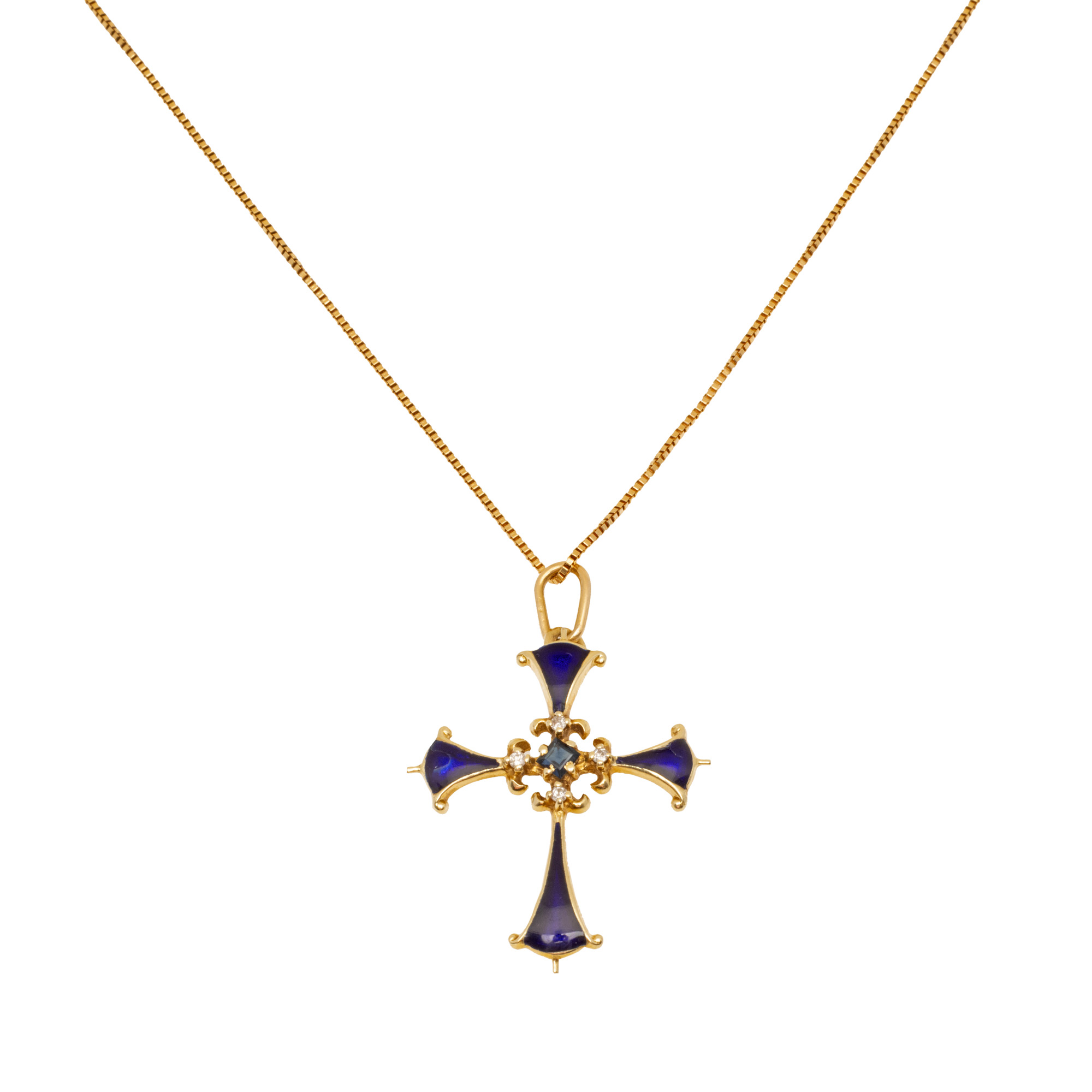 Fabergé pendant with gold chain, decorated with sapphire, diamonds and enamel