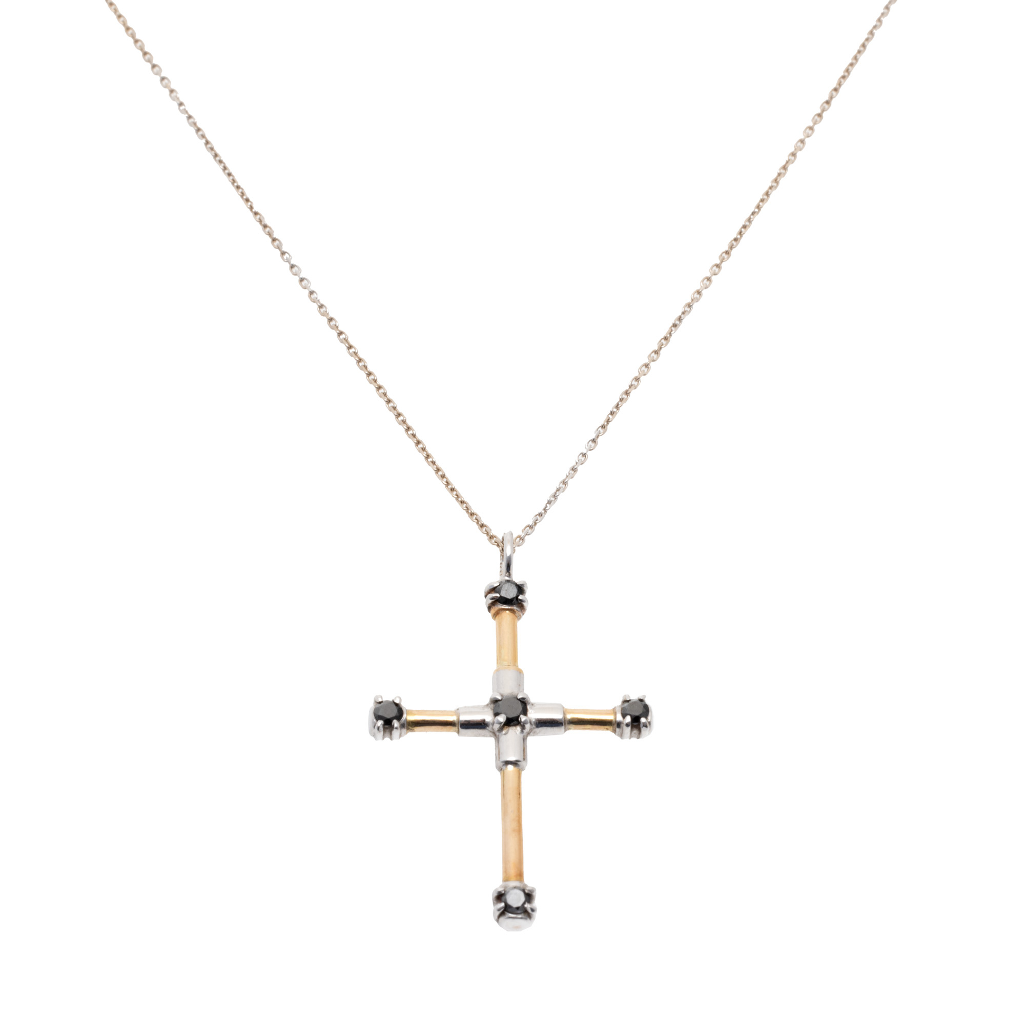 Bicolor Gold Chain with Christ Pendant, in the form of a cross, decorated with black diamonds