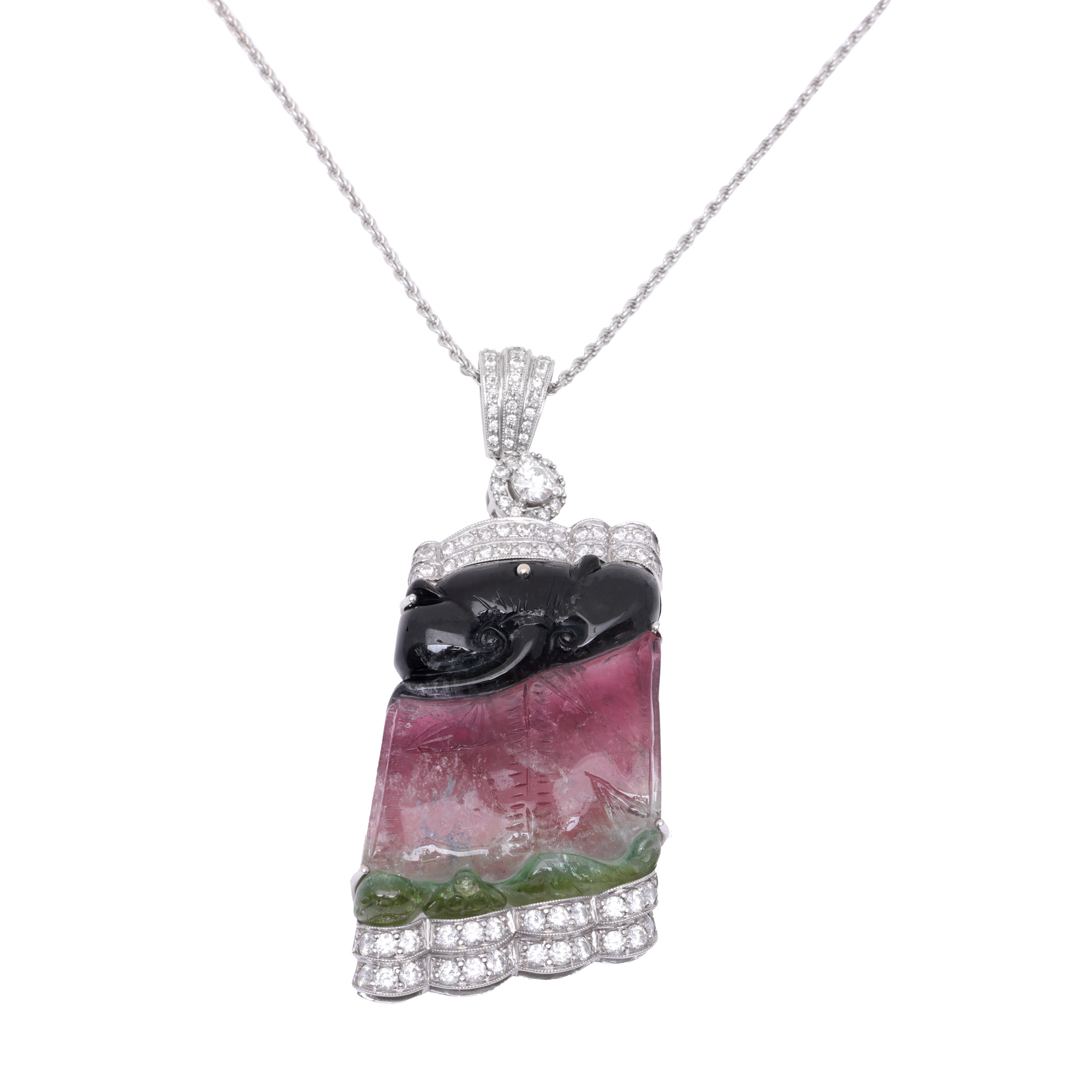White gold chain with owl-shaped pendant, decorated with diamonds and tourmaline
