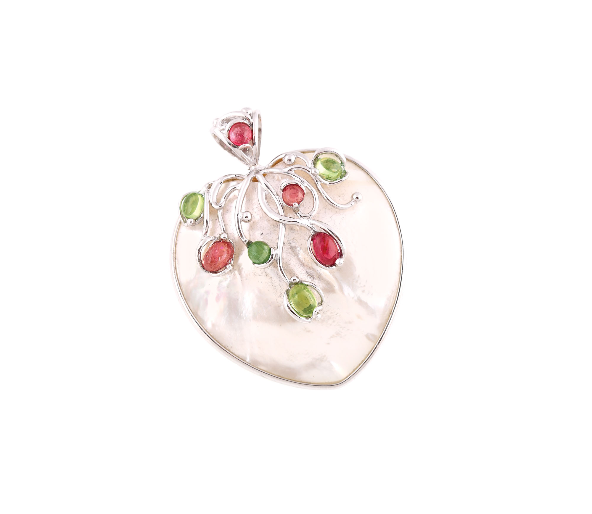 Interesting heart-shaped silver pendant, decorated with mother-of-pearl and multi-coloured tourmalines
