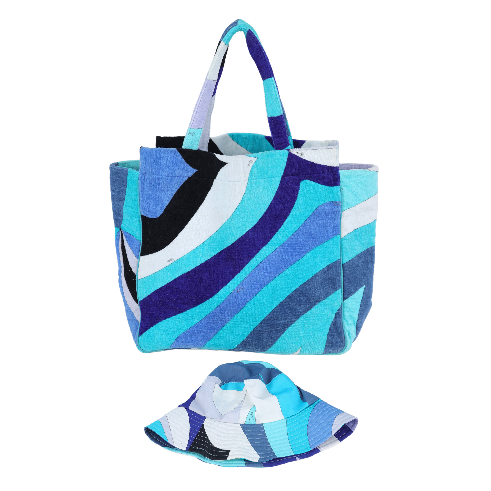 Geantă de plajă și pălărie Emilio Pucci, decorată cu print fuilio