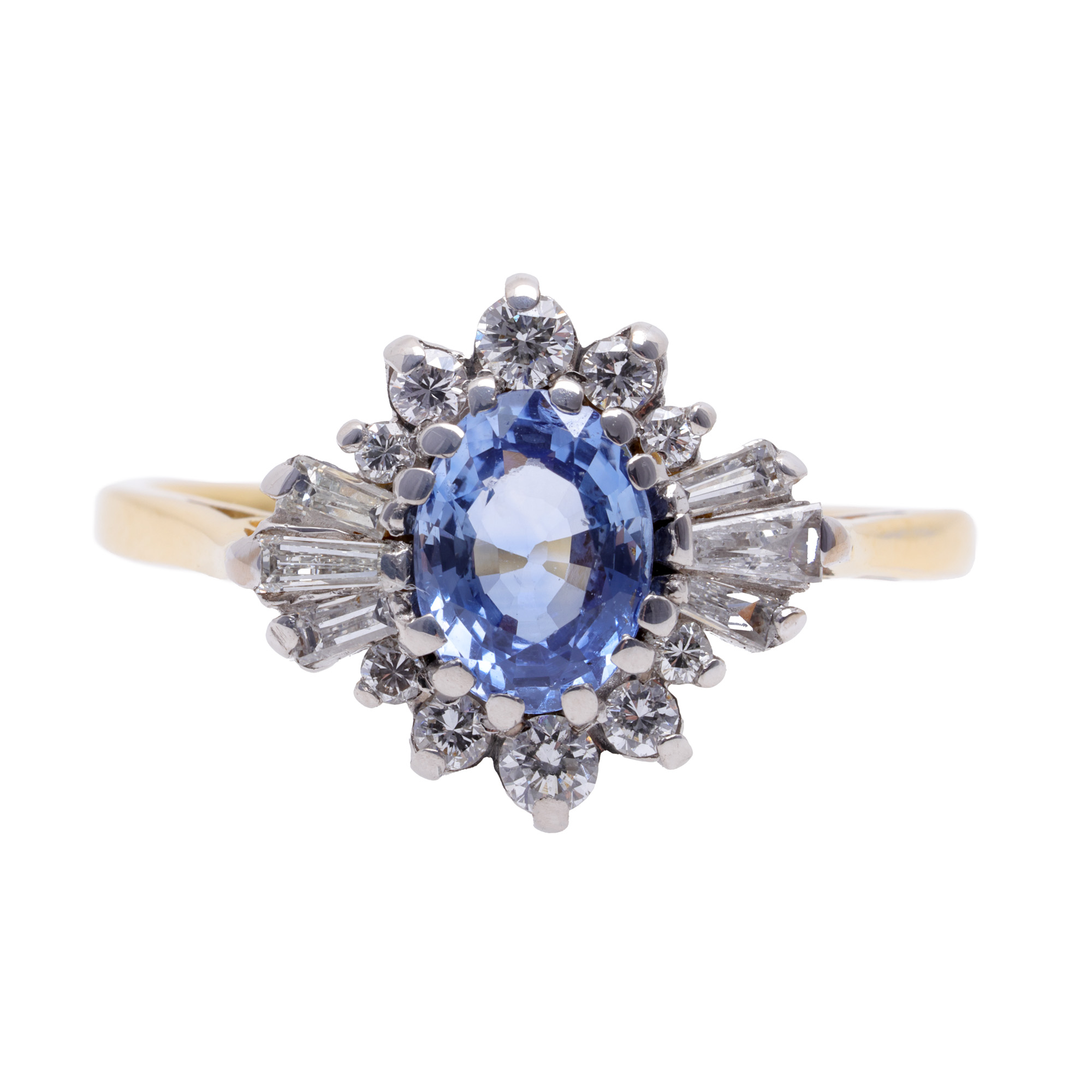 Bicolor gold ring, decorated with central topaz surrounded by diamonds