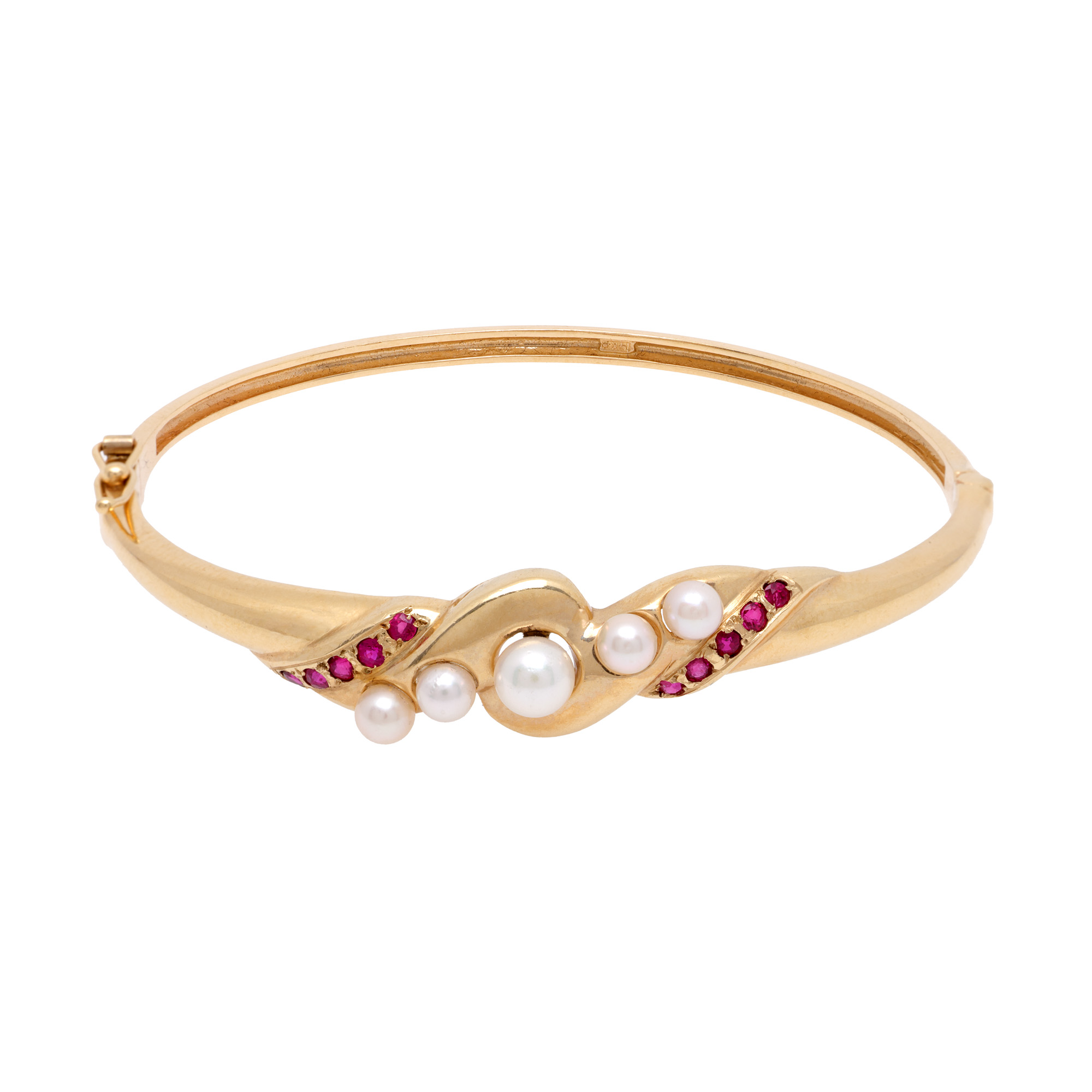 Fixed gold bracelet, decorated with Akoya pearls and rubies