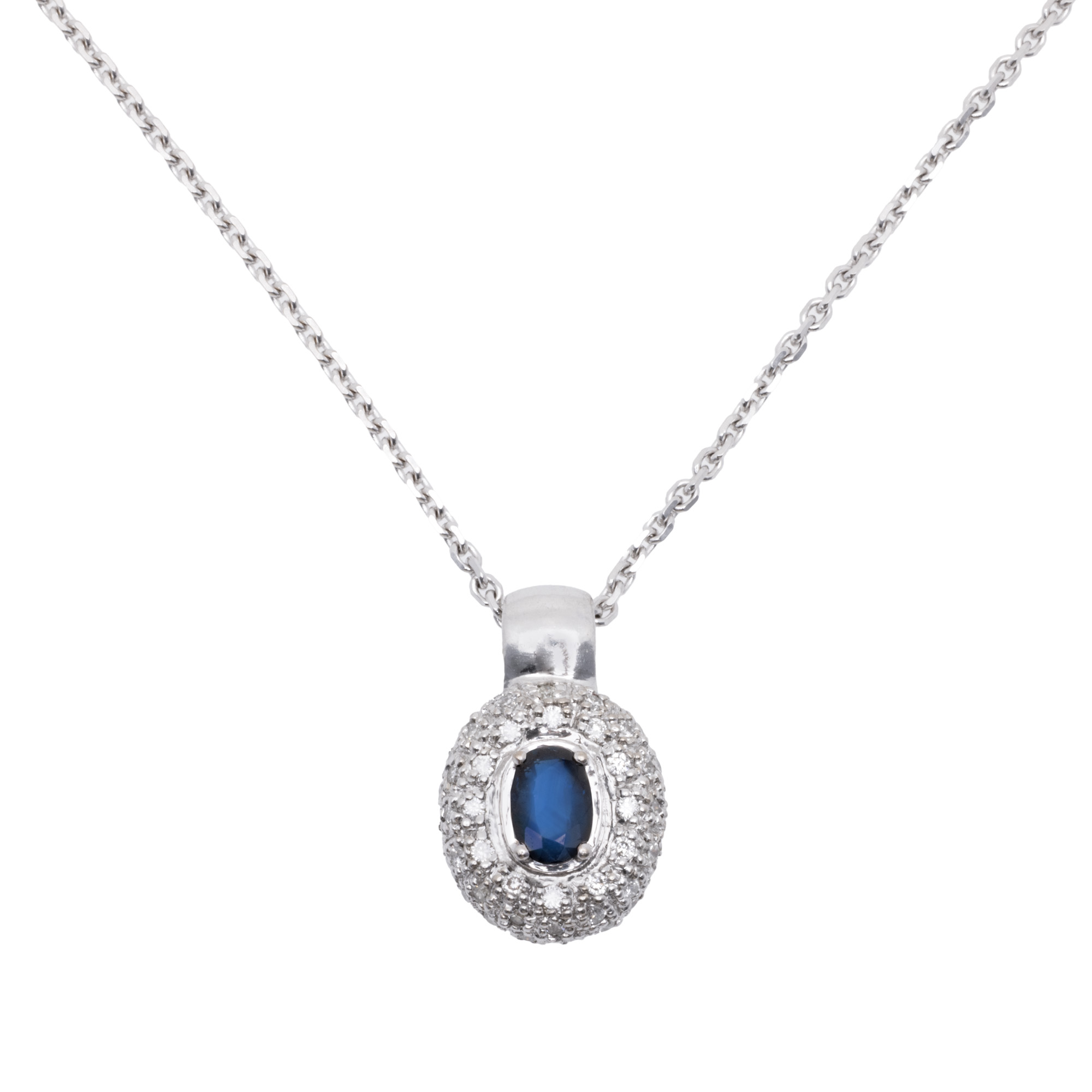 Lanț cu pandantiv din aur alb, decorat cu safir anturat de diamante