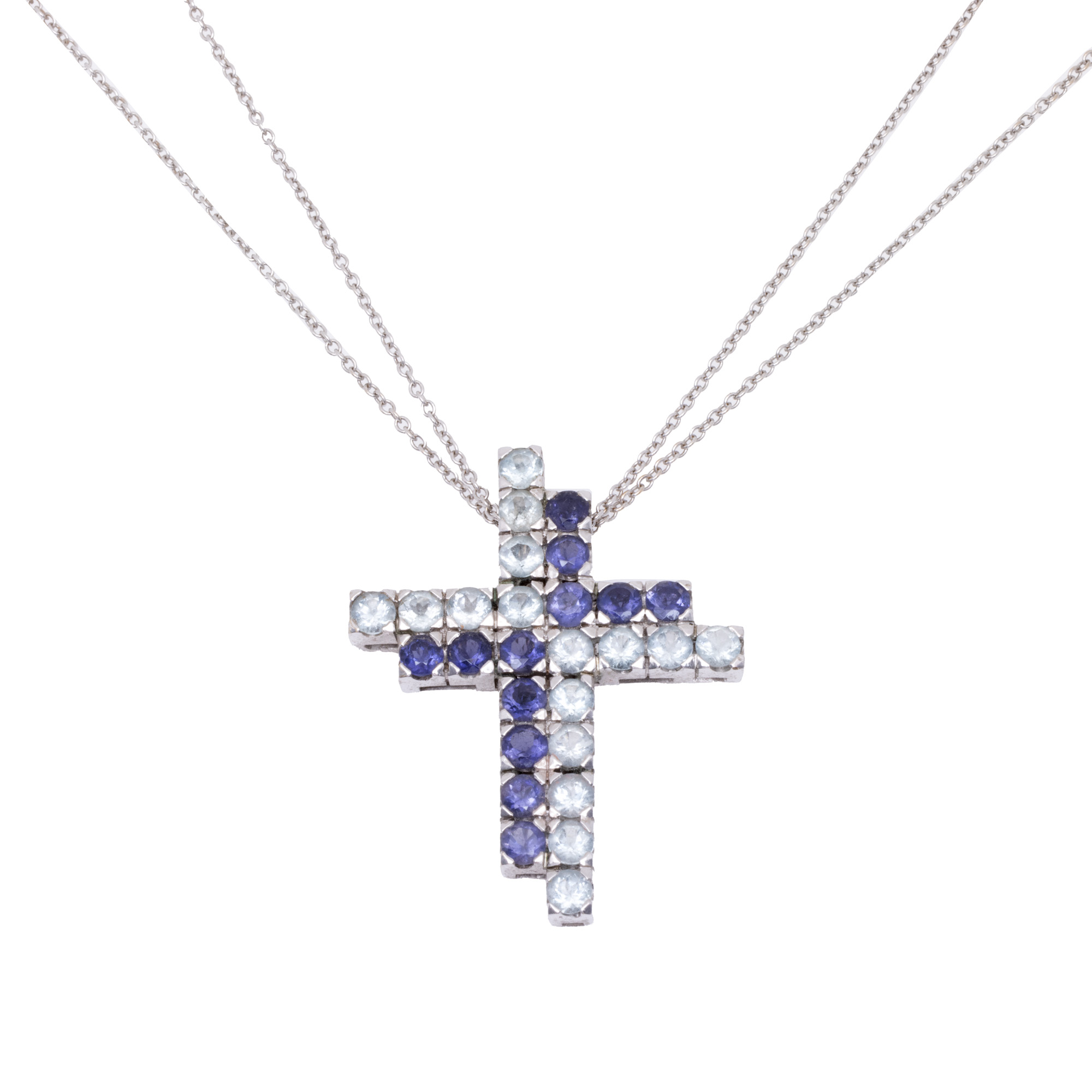 White gold chain with pendant decorated with aquamarines and iolites