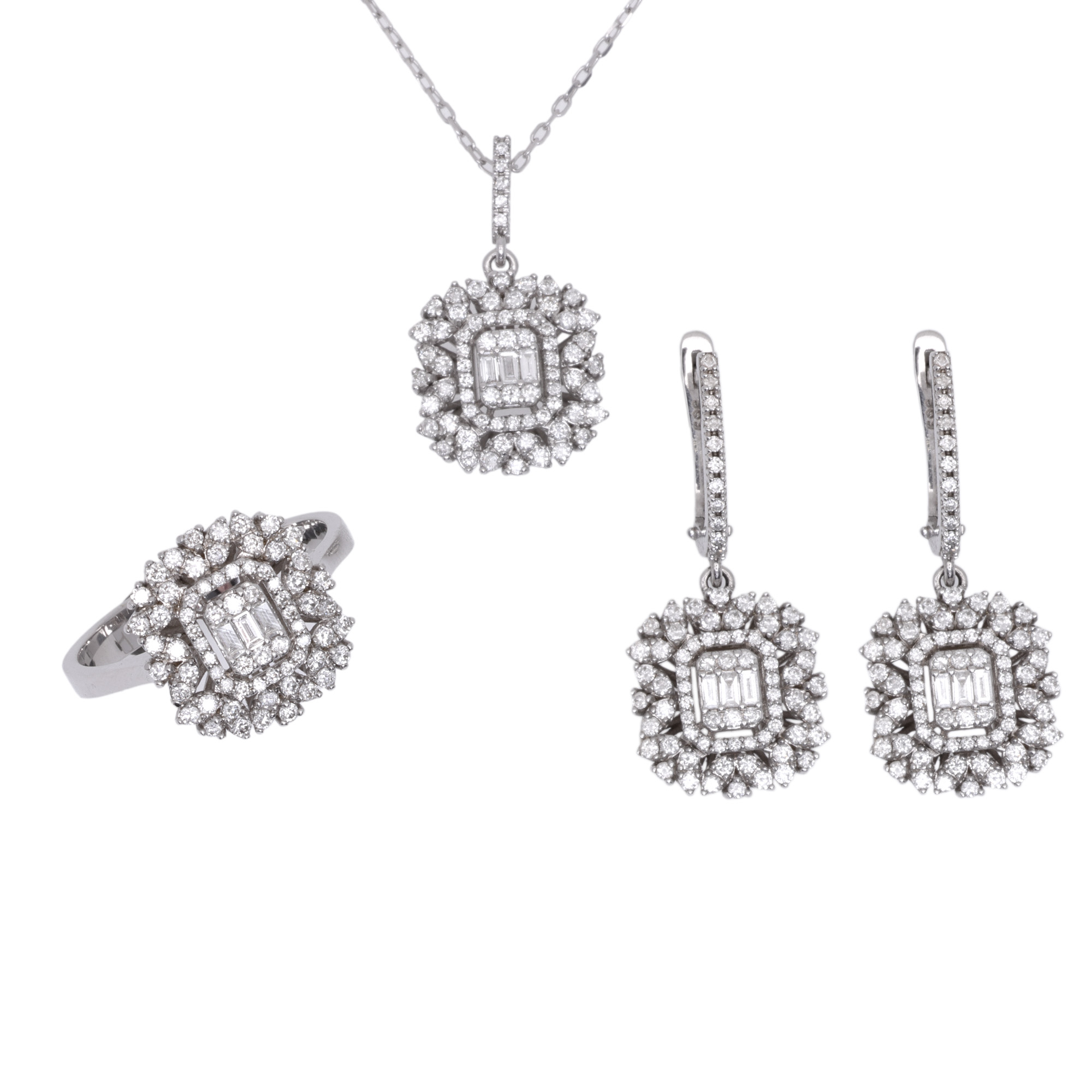 White gold set, consisting of a pendant necklace, a pair of earrings and a ring, decorated with a multitude of diamonds