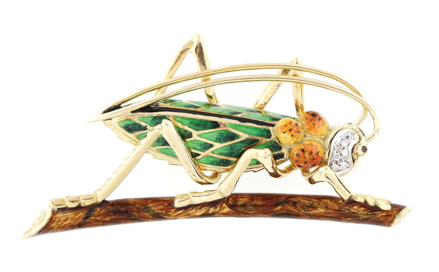 ”Grasshopper” - broșă din aur, decorată cu email și diamante