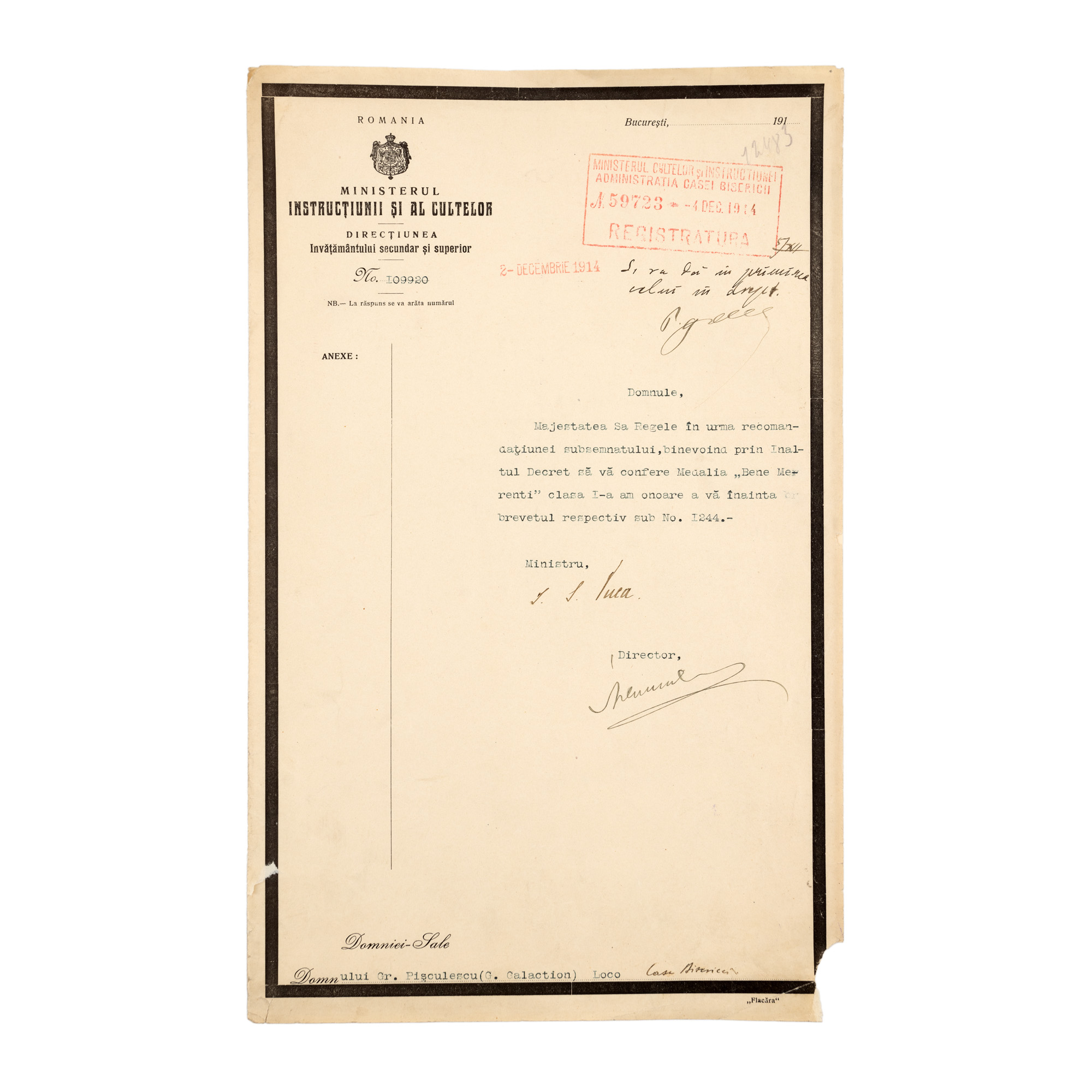 Notification to Gala Galaction for the award of the "Bene Merenti" medal, class I, Ministry of Cults and Public Instruction, with the handwritten signature of the minister I.G. Duca, December 1, 1914, comes from the historical collection of Șerban Țuculescu-Maria Galaction.