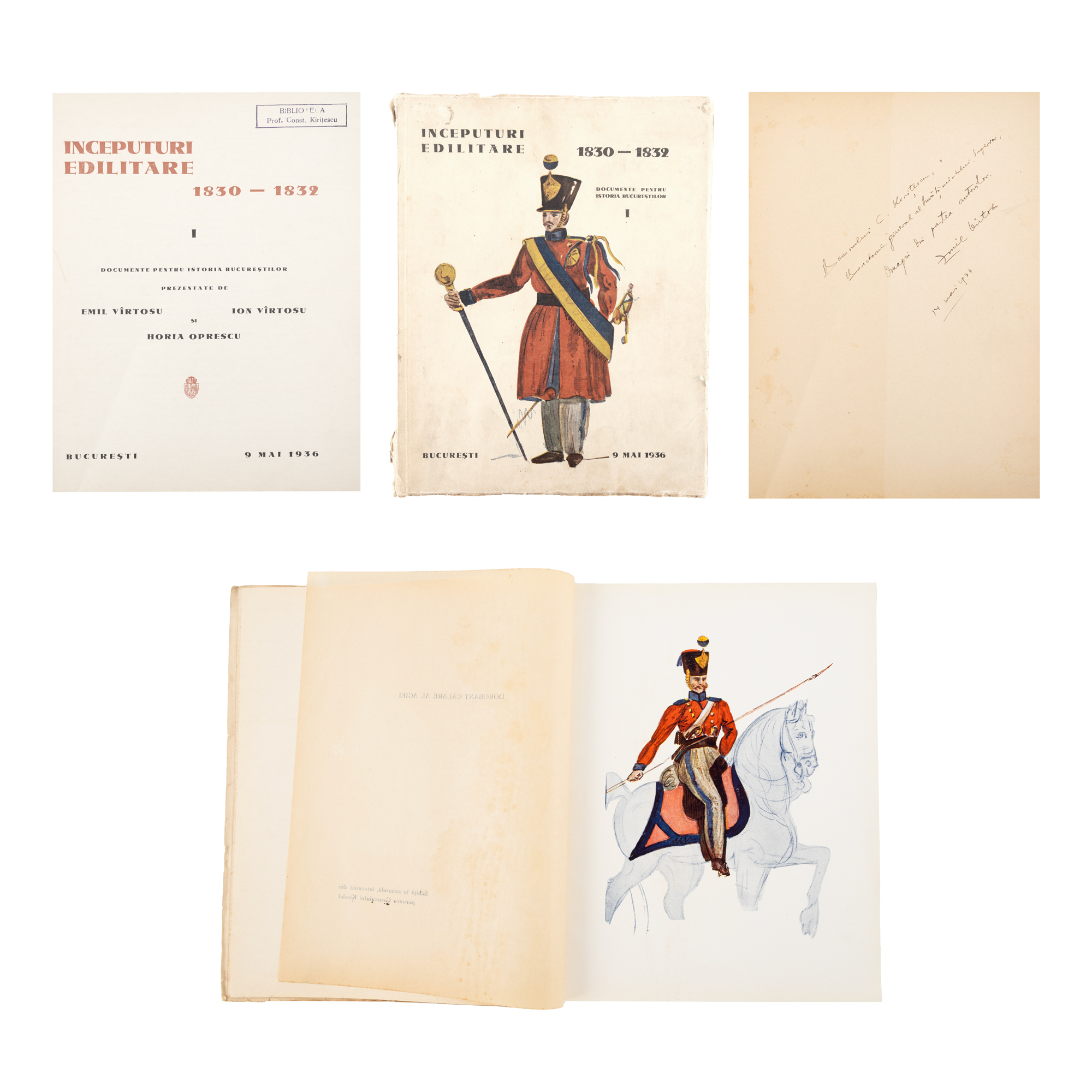 "Edilitarian Beginnings", by Emil Vîrtosu, Ion Vîrtosu and Horia Oprescu, Bucharest, 1936, with a handwritten dedication from Emil Vîrtosu for Constantin Kirițescu and his ex-libris