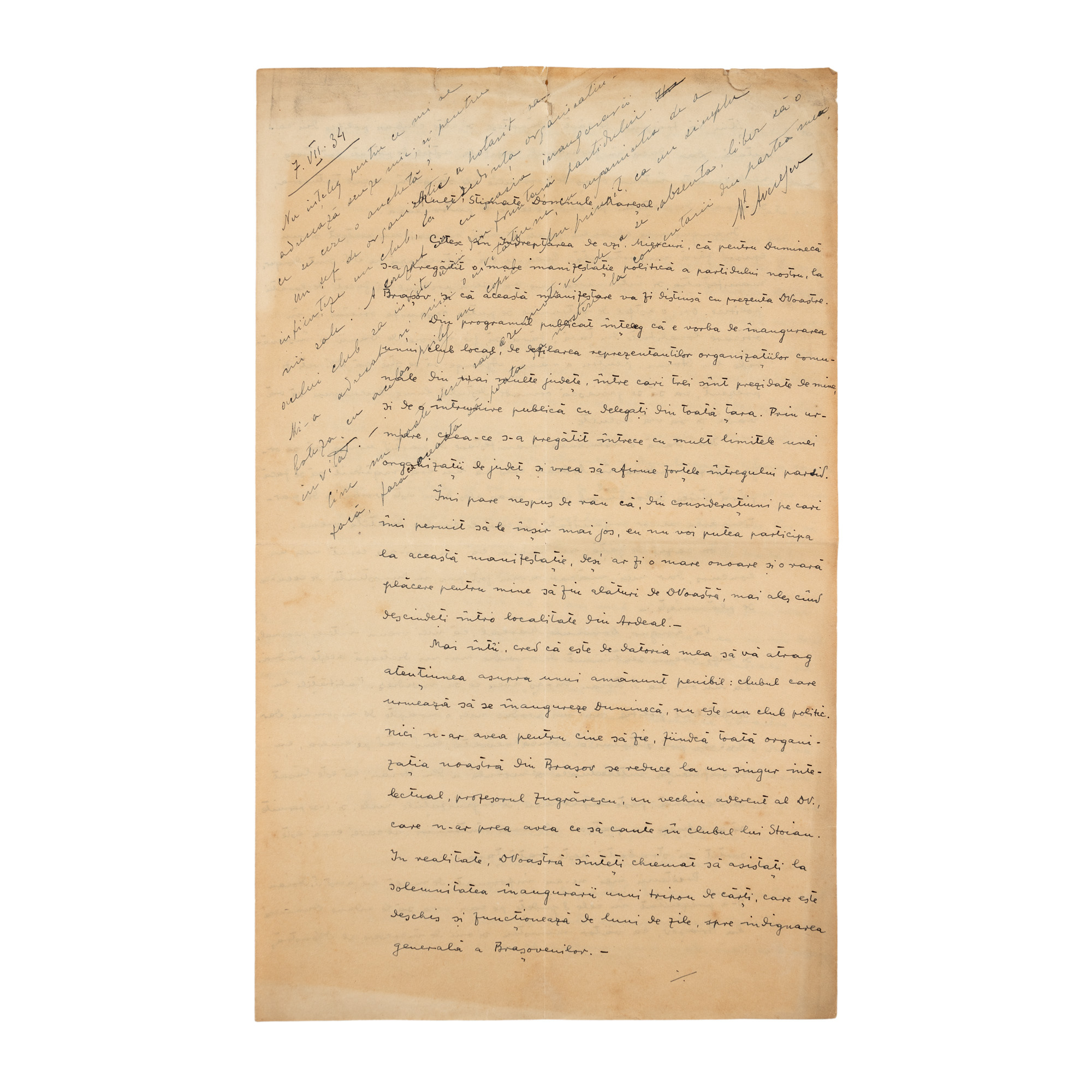 Scrisoare trimisă de Constantin Bucșan către Mareșalul Averescu, cu rezoluția acestuia, București, 4 iulie 1934, cu semnăturile olografe, piesă rară, de colecție (2 file)