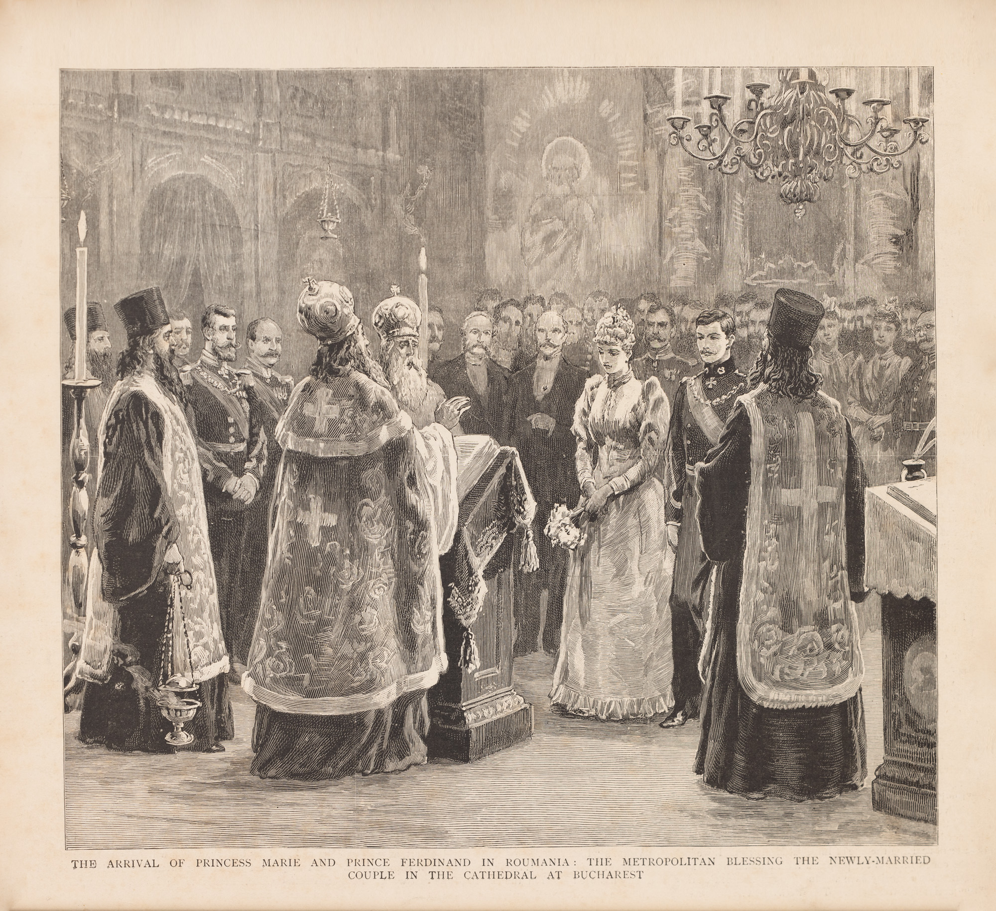 Vintage newspaper page, decorated with a lithography, illustrating the wedding ceremony of Princess Maria with Prince Ferdinand at the Bucharest Cathedral, 1893