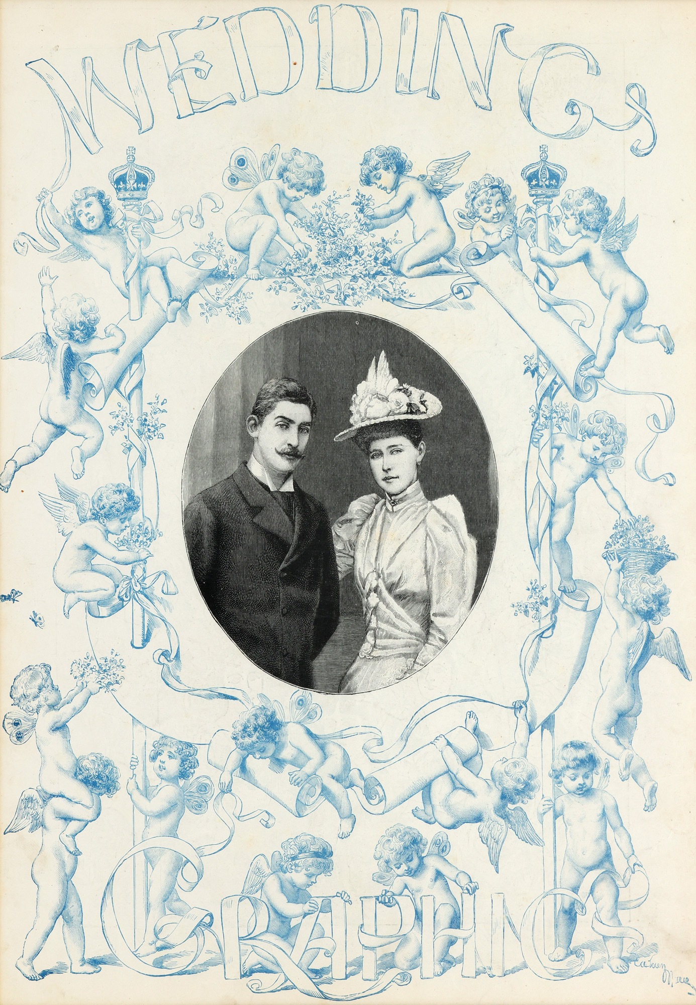 Pagină de ziar de epocă, decorată cu o cromolitografie, ilustrându-i pe Principele Ferdinand și Principesa Maria cu ocazia căsătoriei, 1893