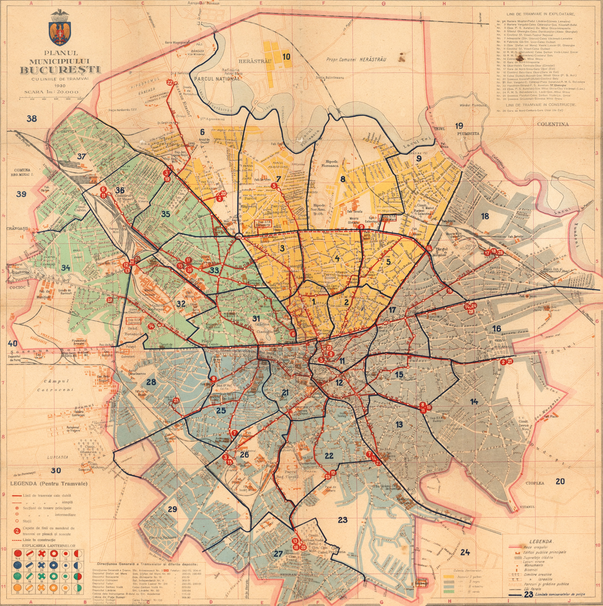"Map 'Plan of Bucharest Municipality', with tram lines, 1930"