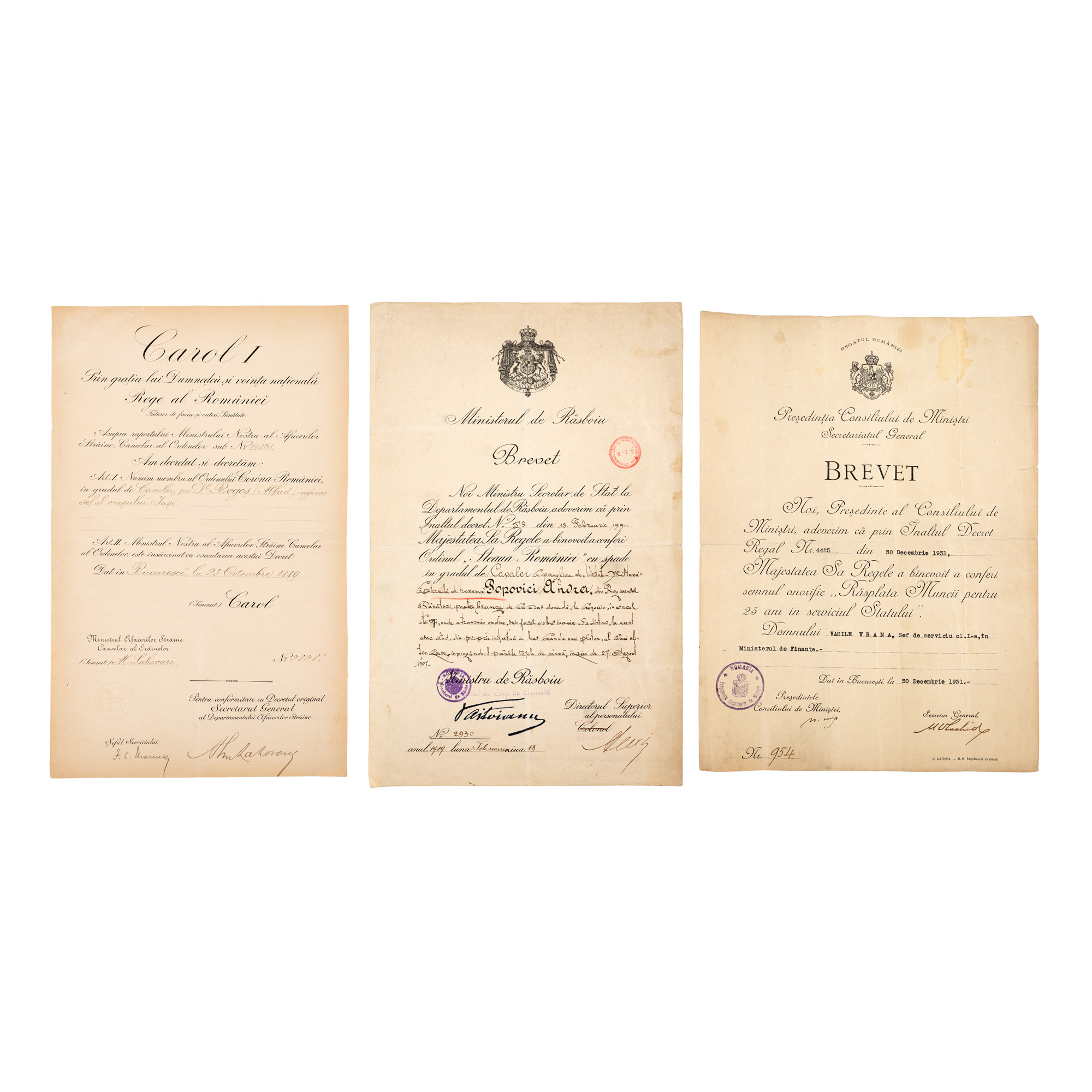 Lot consisting of three decoration patents, royalist period, 1889-1931, one with the handwritten signature of Prime Minister Nicolae Iorga