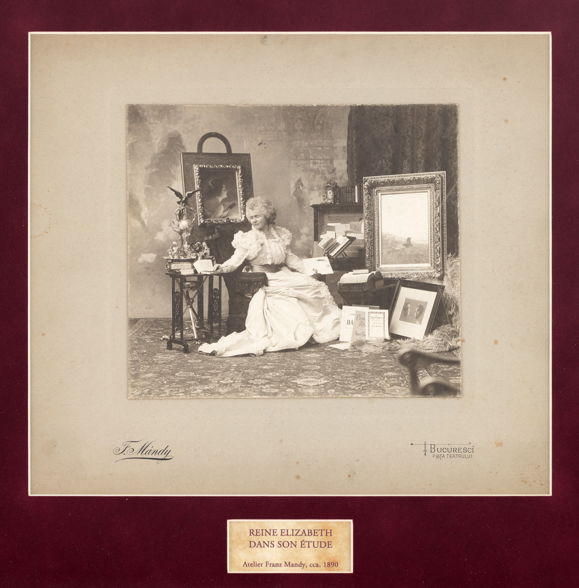 Vintage photograph capturing Queen Elisabeta in her work cabinet at the Royal Palace, Franz Mandy workshop, Bucharest, cca. 1890