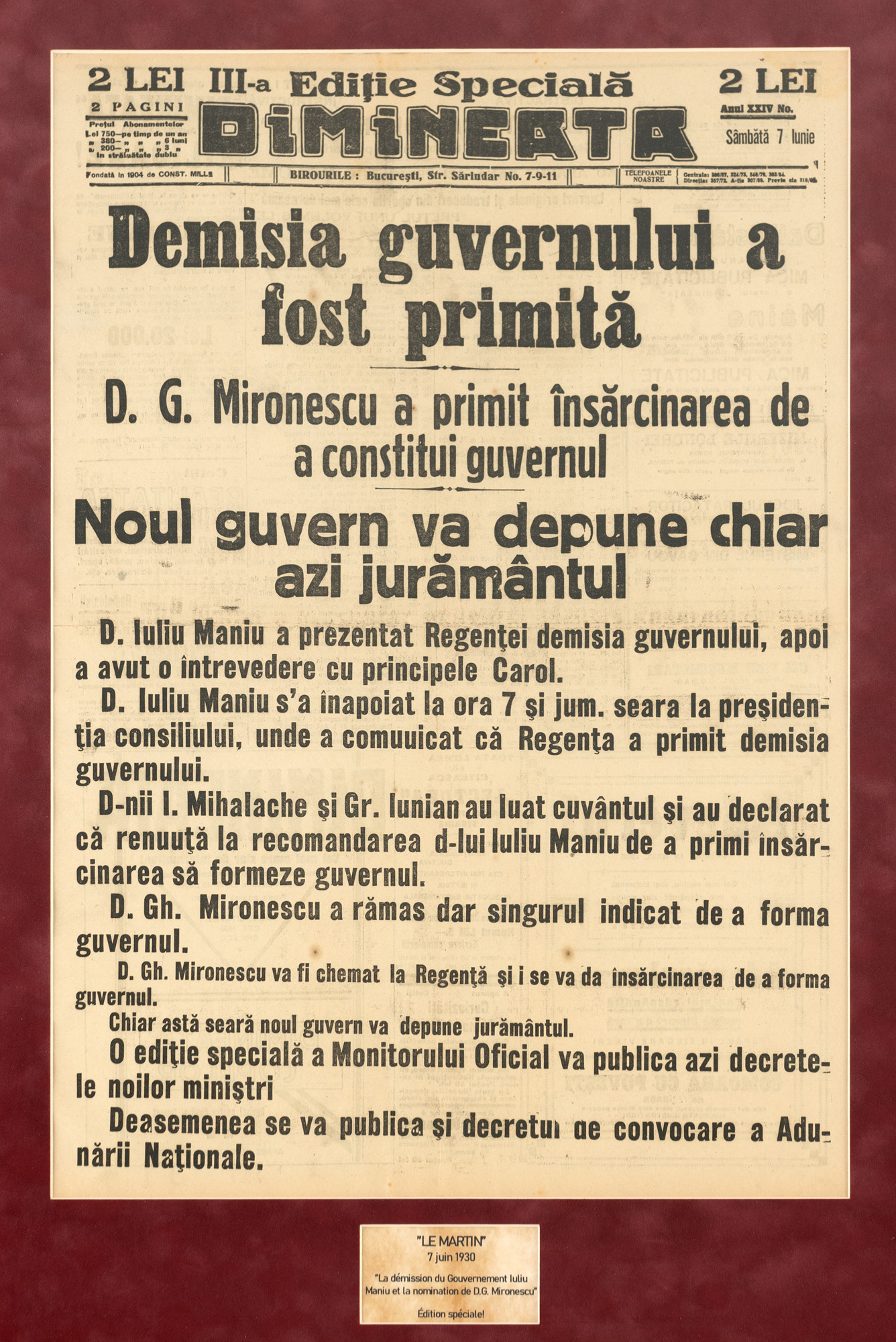 Publicația "Dimineața", Demisia guvernului condus de Iuliu Maniu, 1930