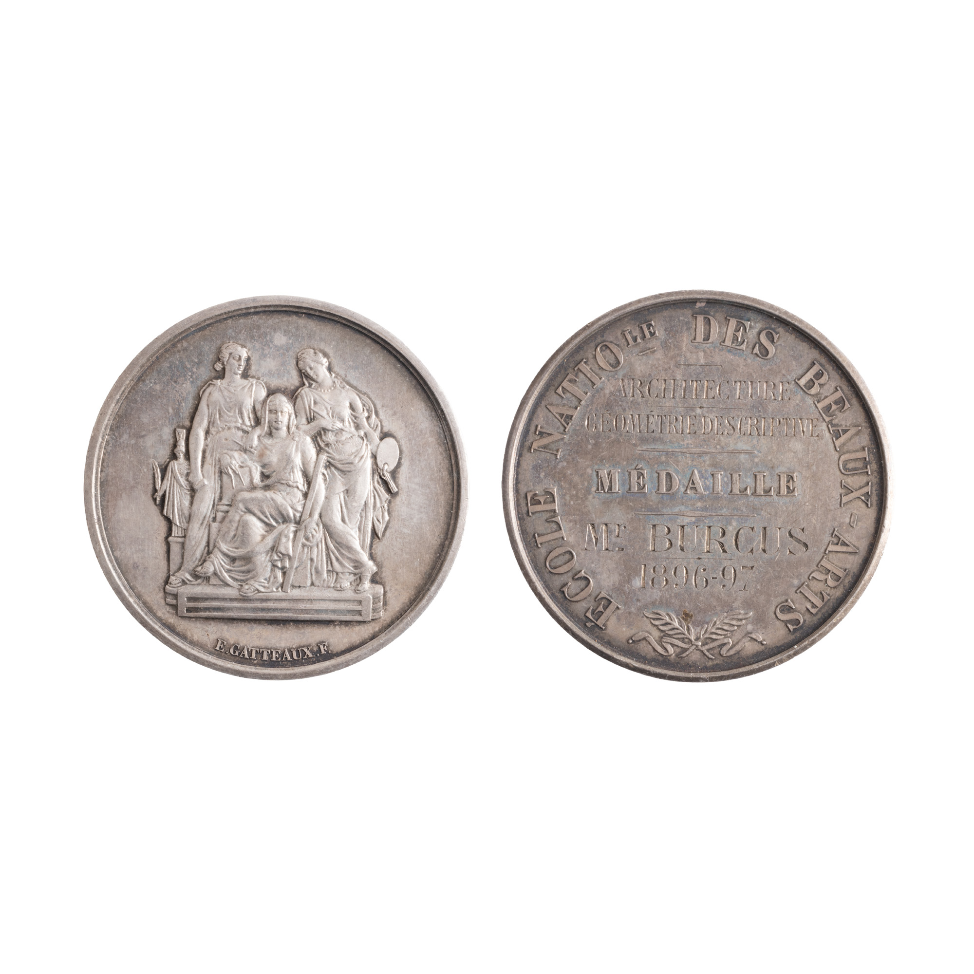Medal from the Institute of Fine Arts, awarded to architect Ștefan Burcuș, engraver Edouard Gatteaux fils, 1897, silver