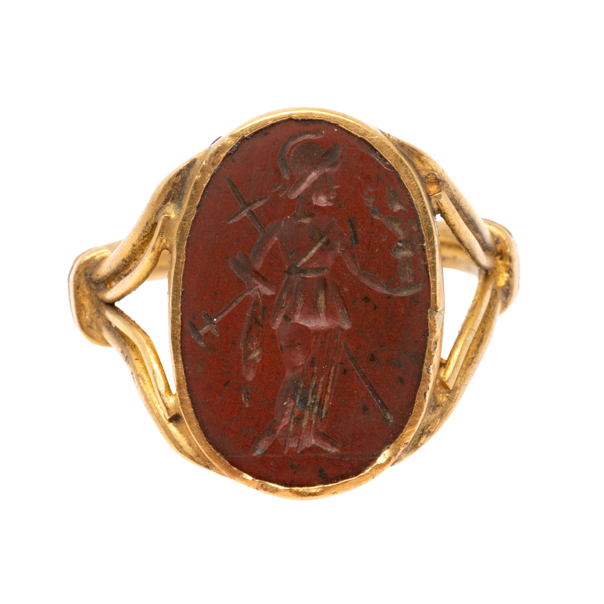 Greco-Roman intaglio gold ring, illustrating the goddess Athena holding Nike (Victory), cca. 3rd century AD.