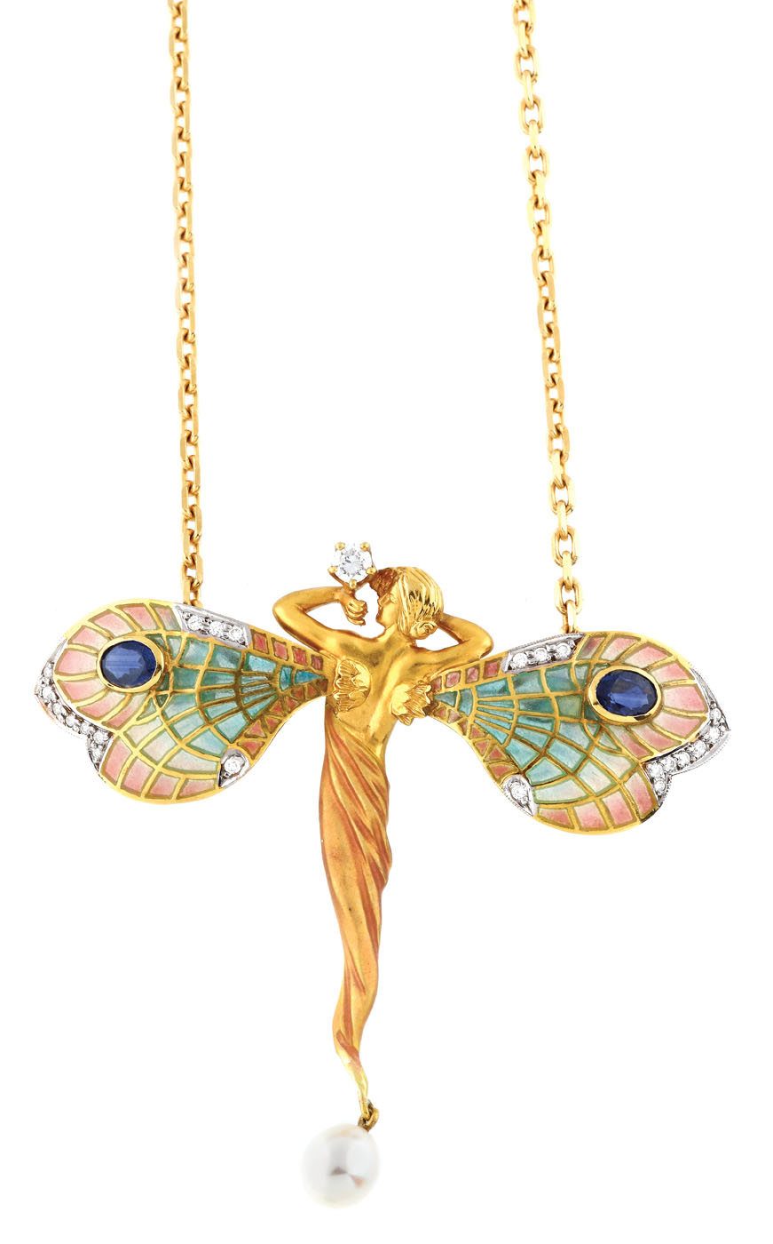 Fermecătoare broșă-pandantiv Masriera, în stil Art Nouveau, din aur, decorată cu diamante, safire și email plique-à-jour