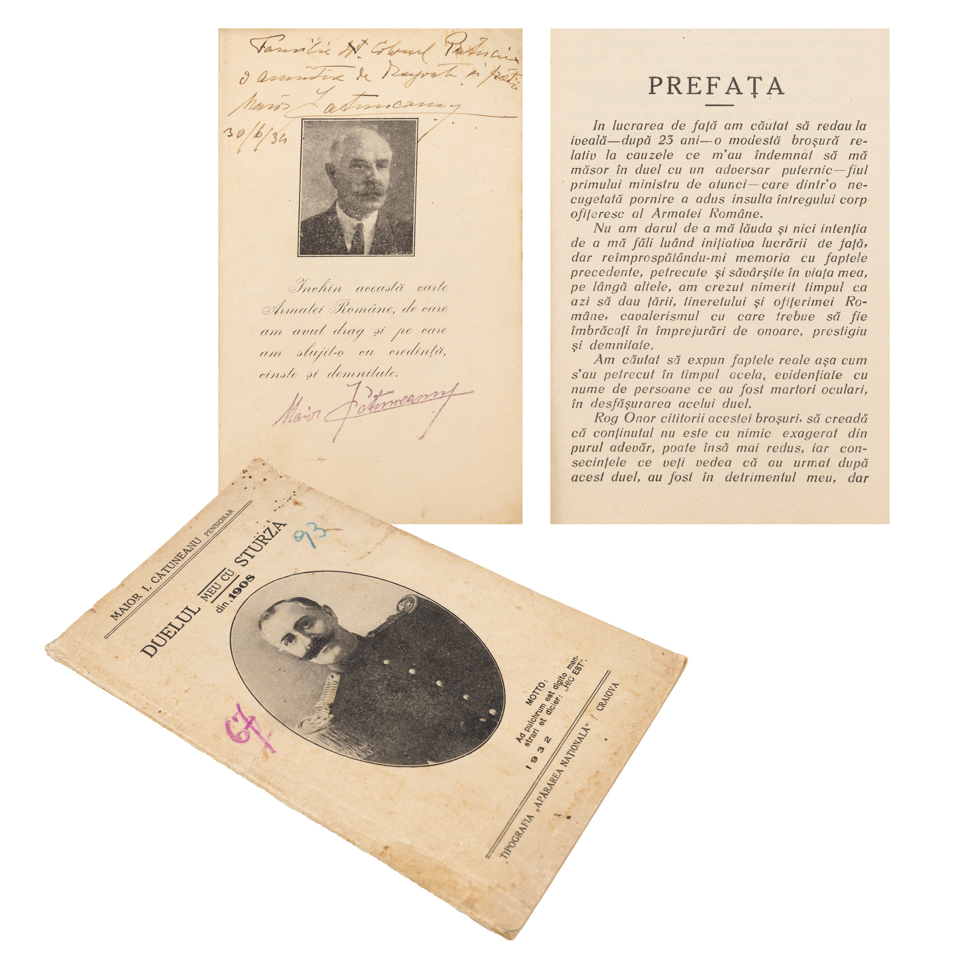 "My Duel with Sturza from 1908", by Maior Ioan Cătuneanu, Craiova, 1932, with the author's holograph signature