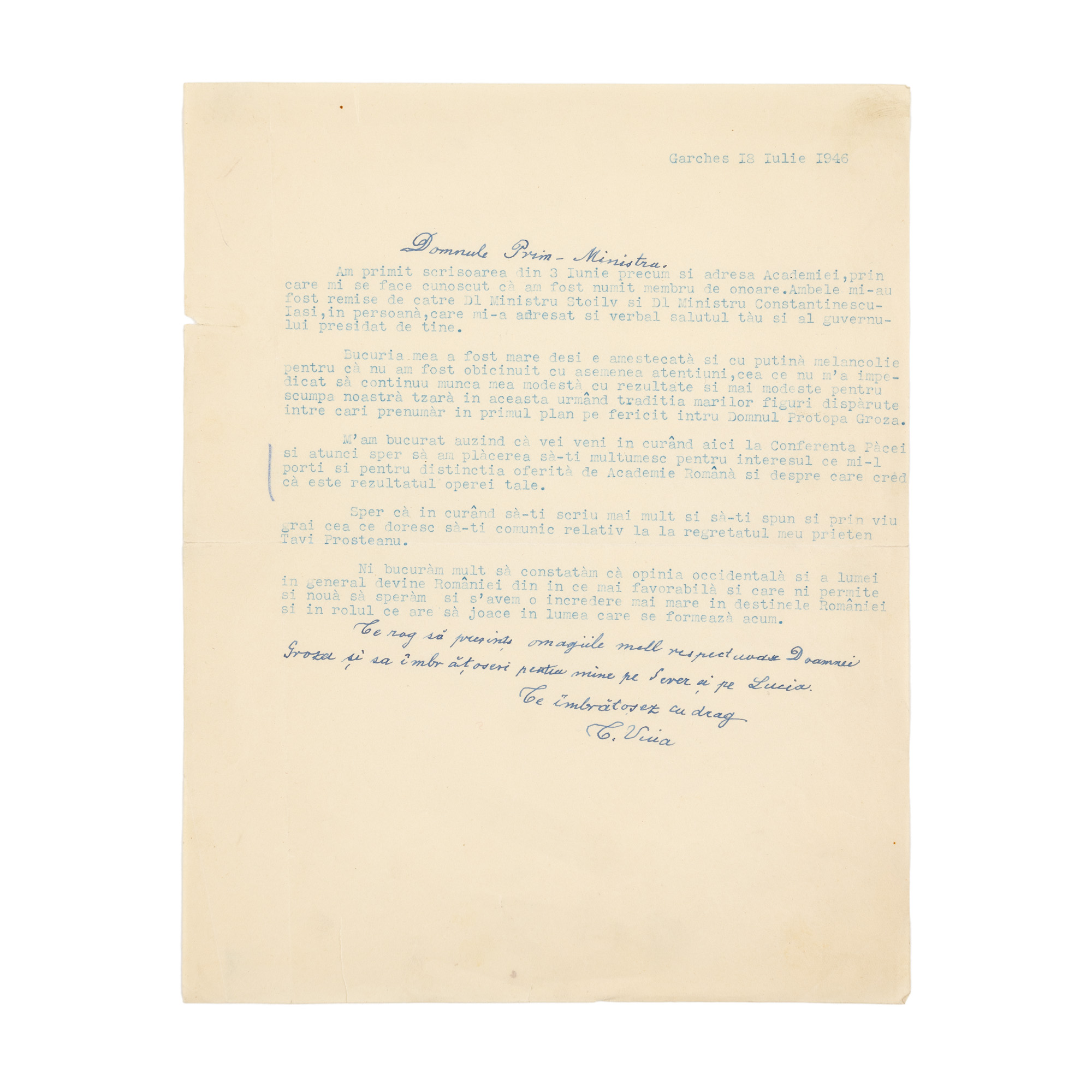 Scrisoare trimisă de Traian Vuia către Prim-Ministrul Petru Groza, datată 18 iulie 1946, cu semnătură olografă