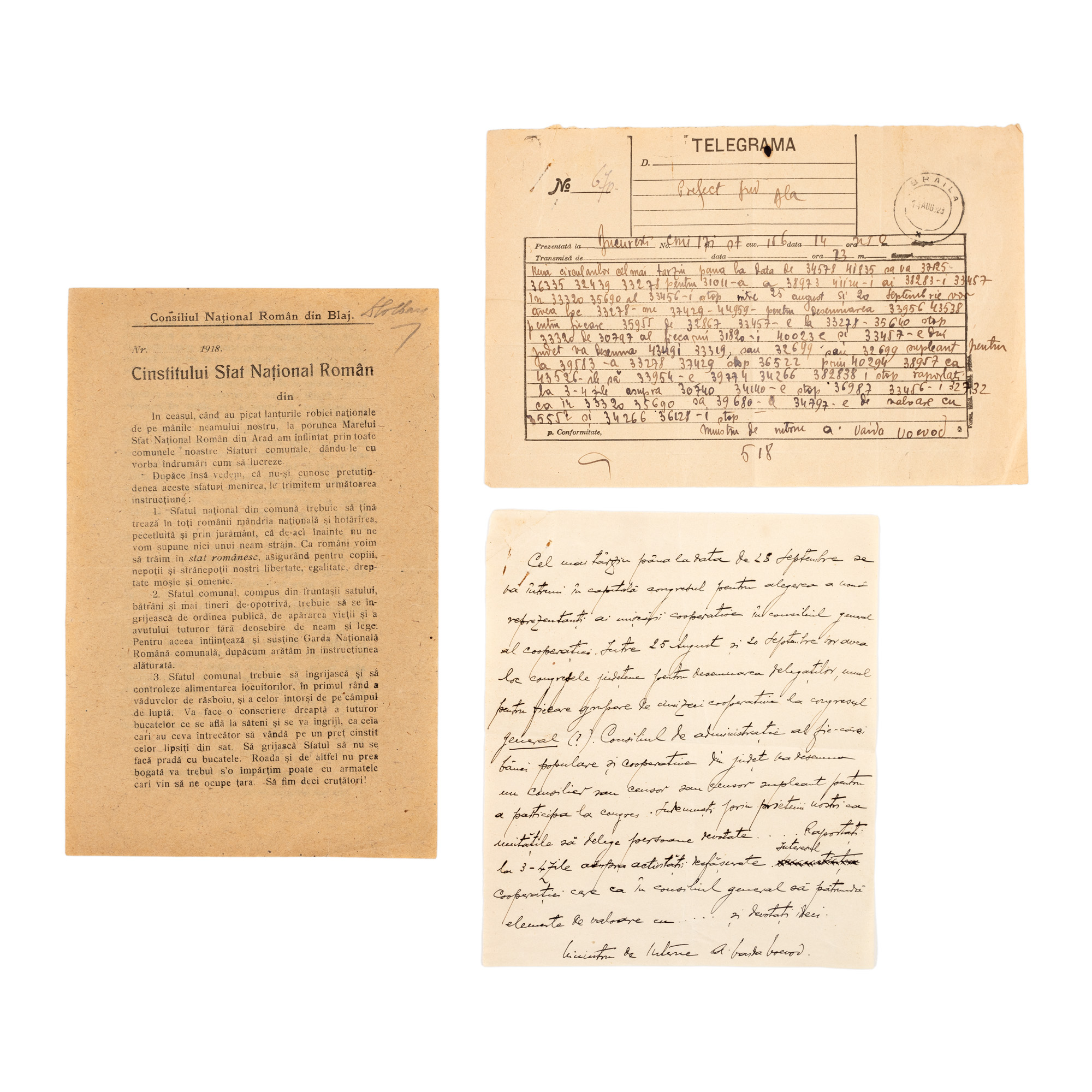 Lot format din anunț al Consiliului Național Român din Blaj, 1918 și telegramă cifrată și descifrată trimisă de Alexandru Vaida Voevod, 1923