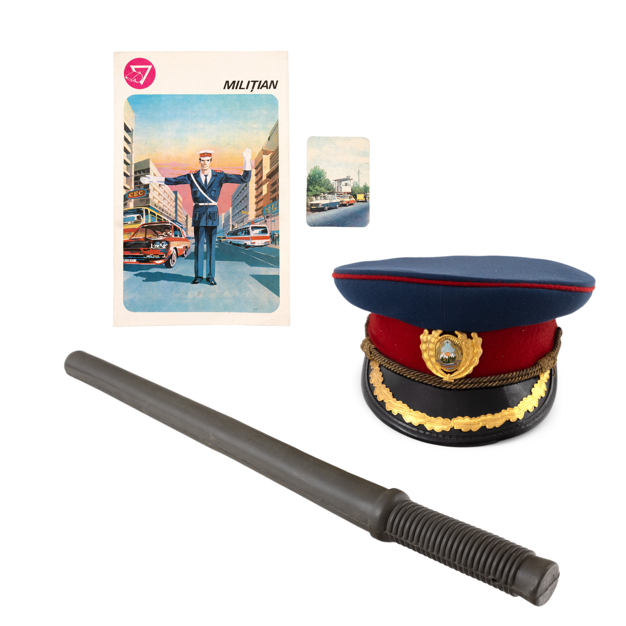 Militia Lot consisting of senior officer cap, rubber baton, pocket calendar, traffic agent advertisement, circa 1975-1980