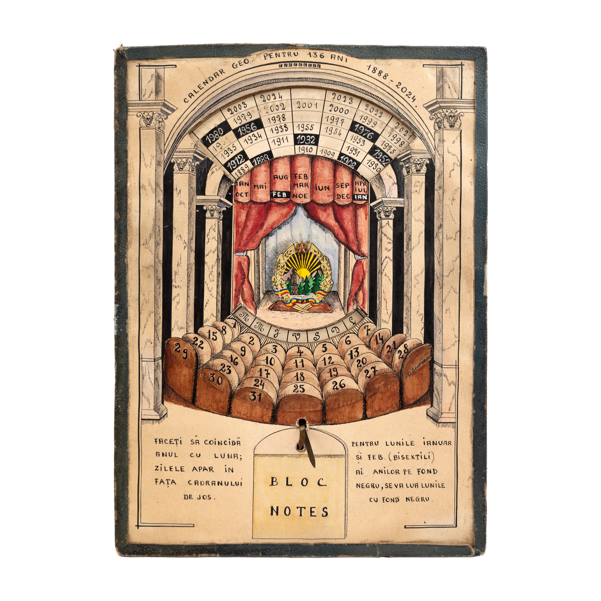 Calendar de perete universal (1888 - 2024), funcțional,  Republica Populară Română, sfârșitul anilor '50, material de propagandă comunistă, realizat manual, posibil exemplar unic