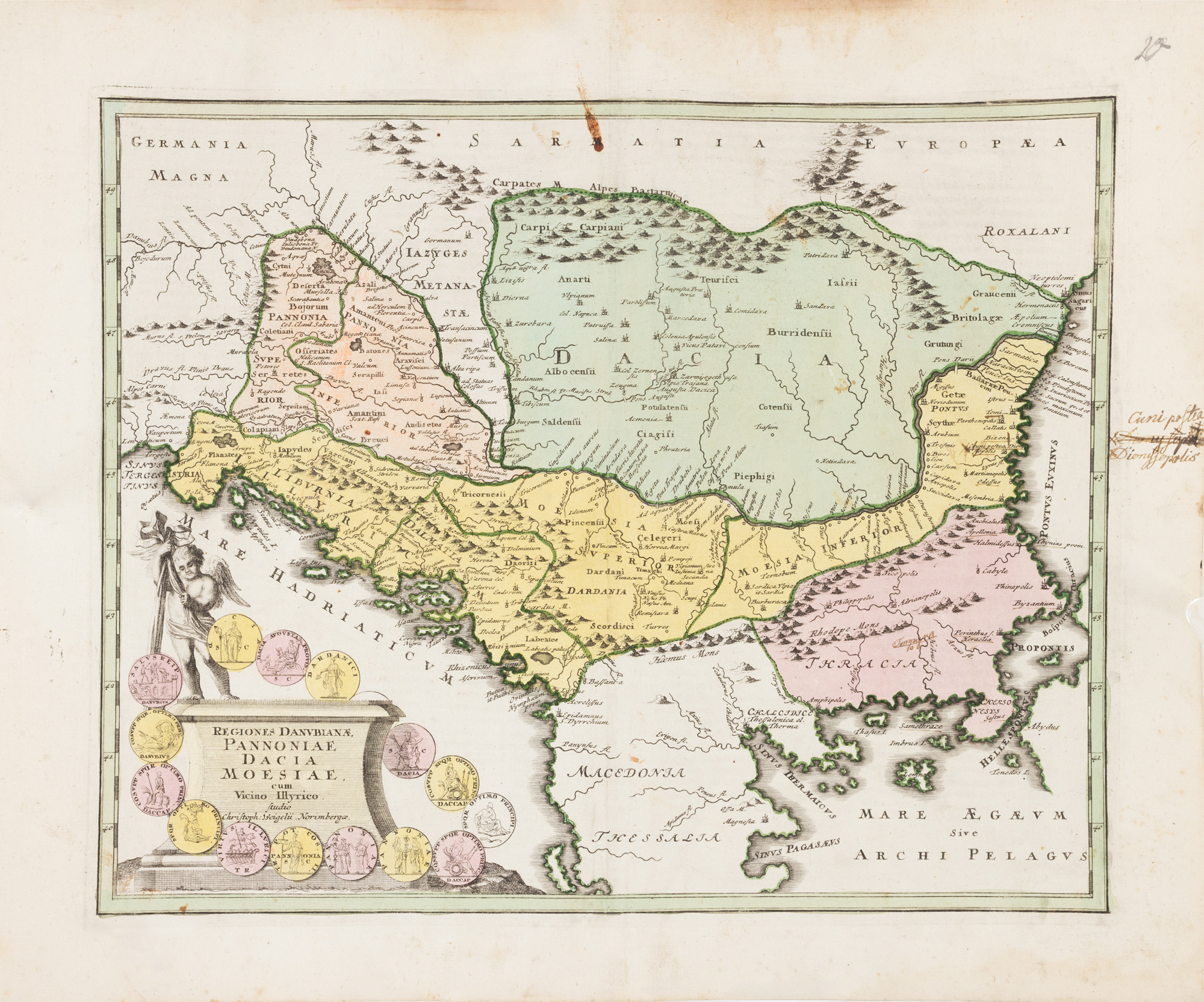 "Harta Regiunilor Danubiene - Dacia, Moesia, Pannonia", de Christoph Weigel, Nürnberg, 1720