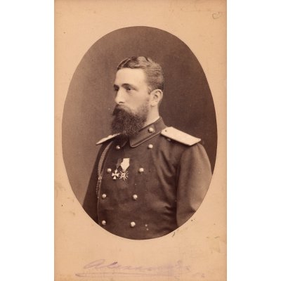 Photograph depicting Prince Alexander of Battenberg of Bulgaria, with his holograph signature, cabinet photograph taken by the Russian photographer Sergey Lvovich Levitsky, circa 1880, rare piece