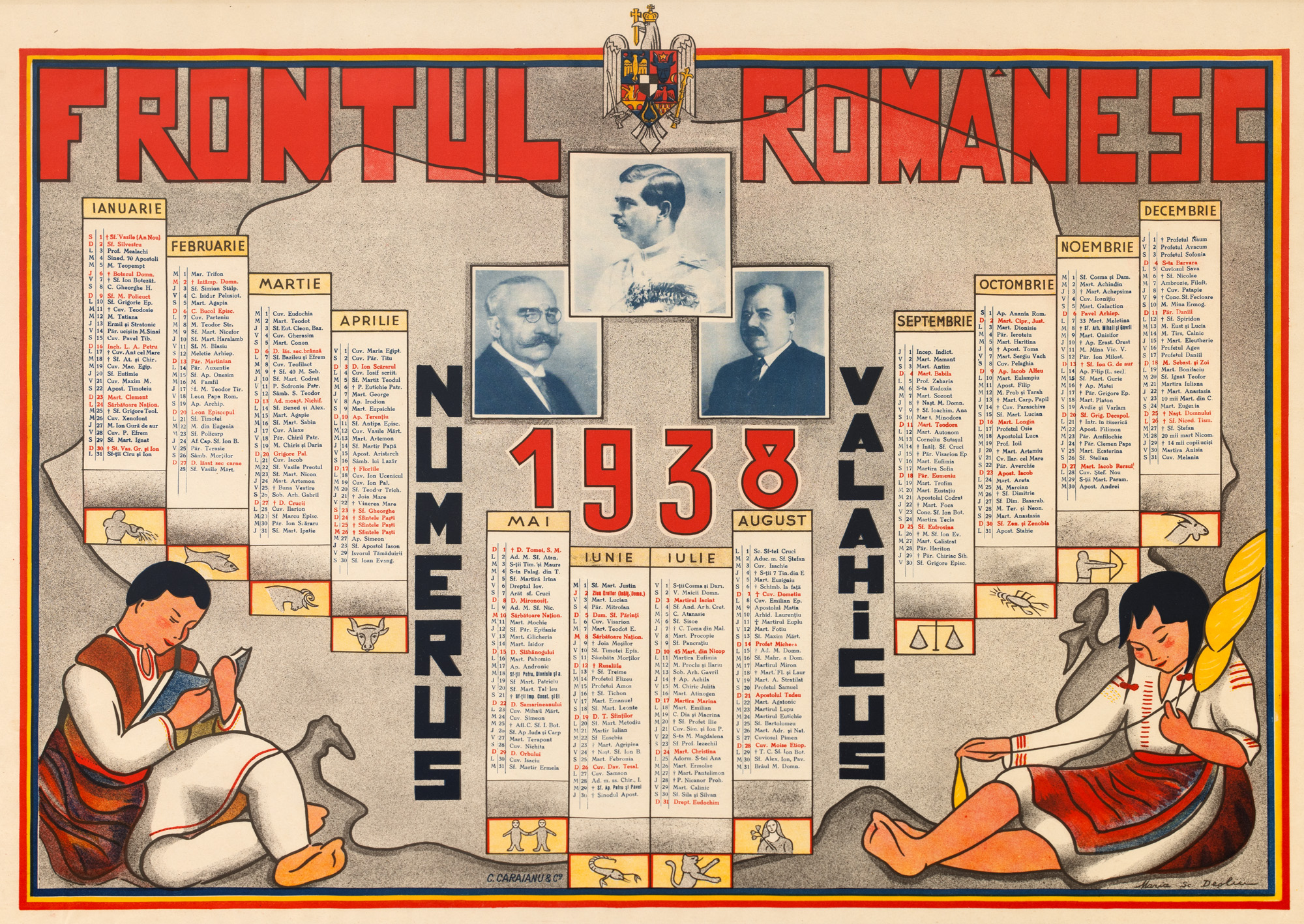 Calendar ”Frontul Românesc”, 1938, semnat în tipar Maria Deșliu