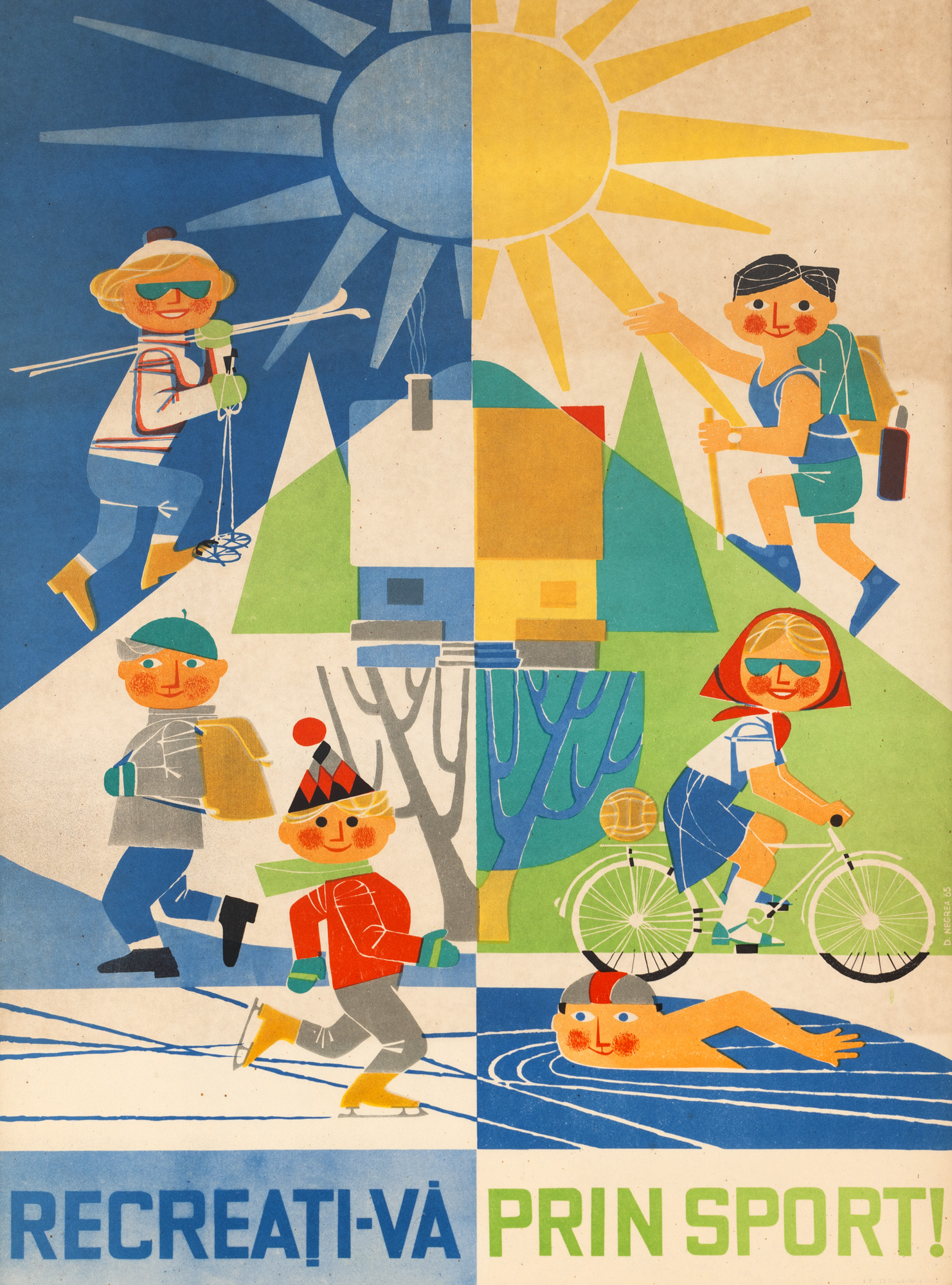 Richly Illustrated School Education Poster "Recreate Through Sport", Early '70s