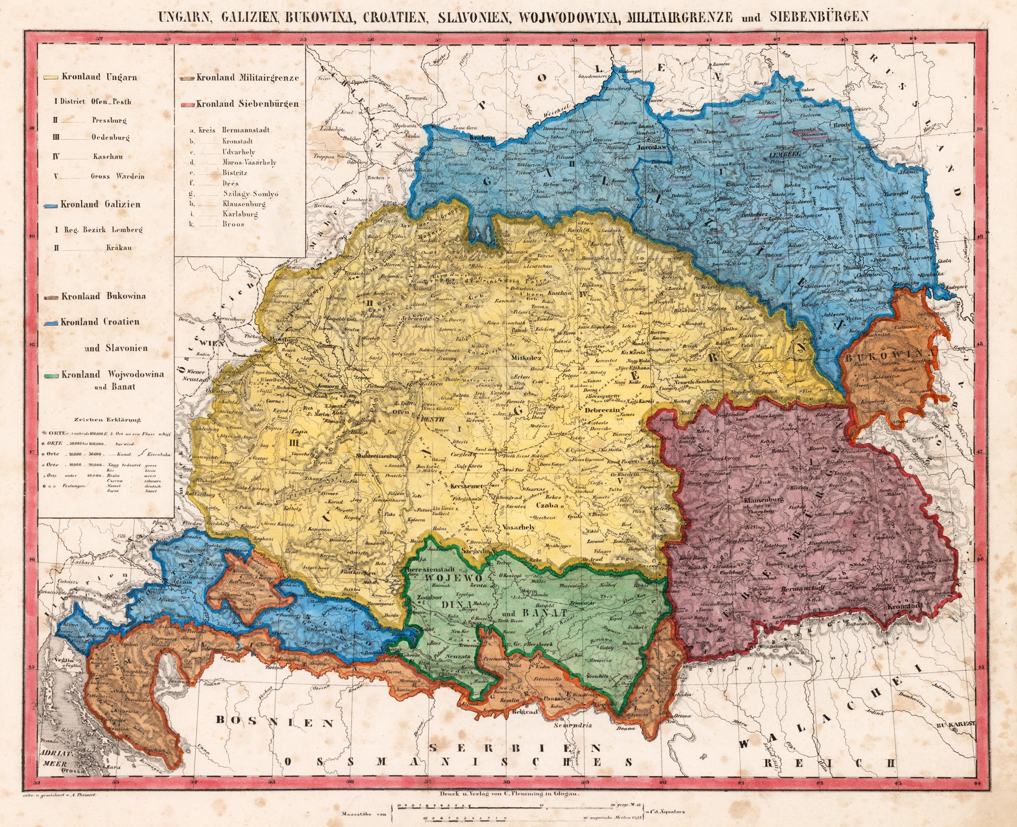 Hartă ”Frontiera militară a Imperiului Habsburgic - Ungaria, Galicia, Bucovina, Croația, Slovenia, Voivodina și Transilvania”, editor Carl Flemming, Glogau, mijlocul sec. XIX