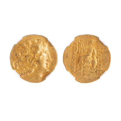 Monedă Stater, Mithridates VI Eupator, Regele Pontului, în numele lui Lysimachos, bătută la Callatis, cca. 88-86 î.e.n., aur, piesă muzeală
