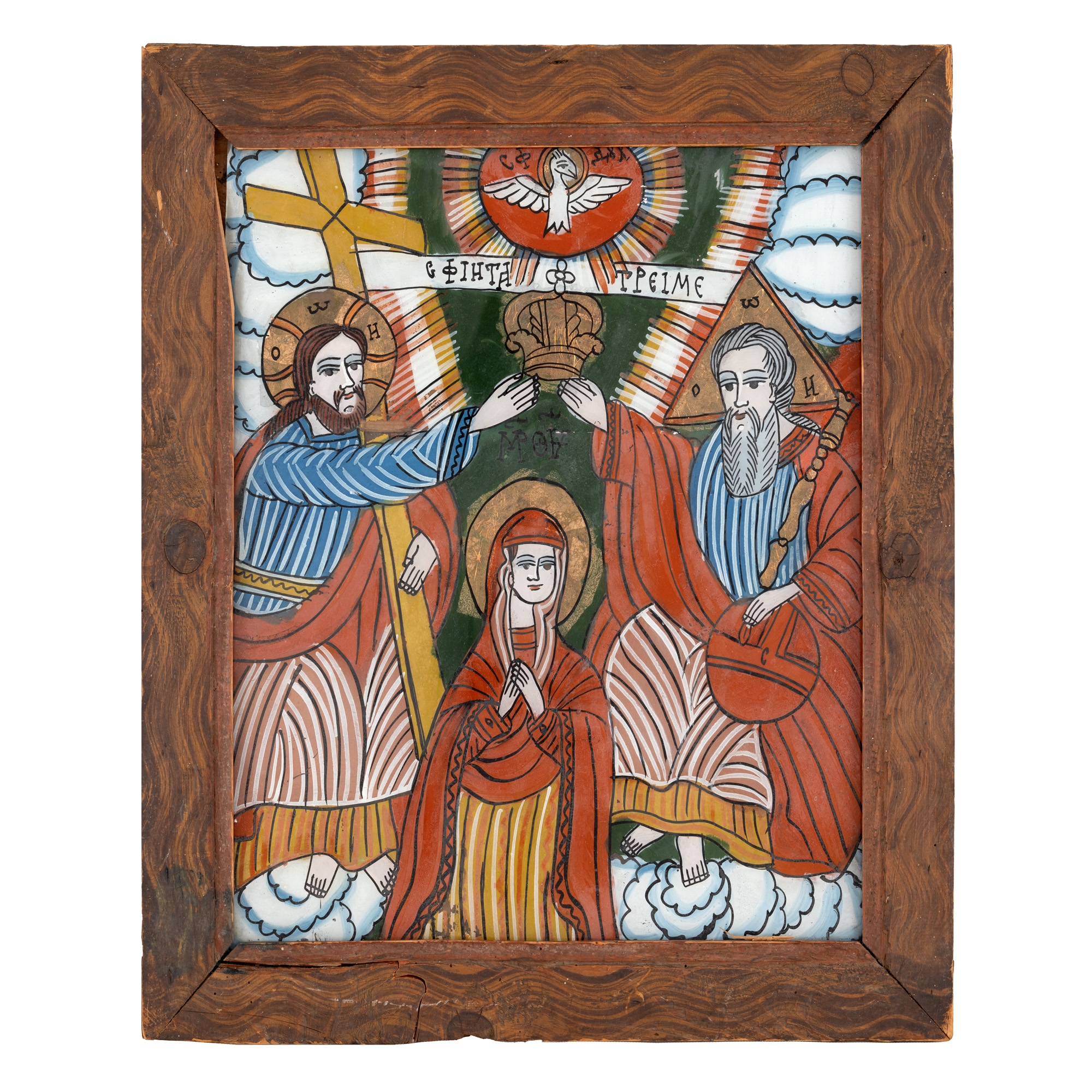 Icoană pe glajă, ”Încoronarea Maicii Domnului (Sfânta Troiță)”, atelier din Șcheii Brașovului, a doua jumătate a sec. XIX