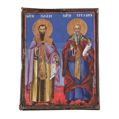 Icoană pe lemn, cu riză, ”Sfinții Naum și Stelian”, școală grecească, primele decenii ale sec. XIX, piesă rară, de colecție