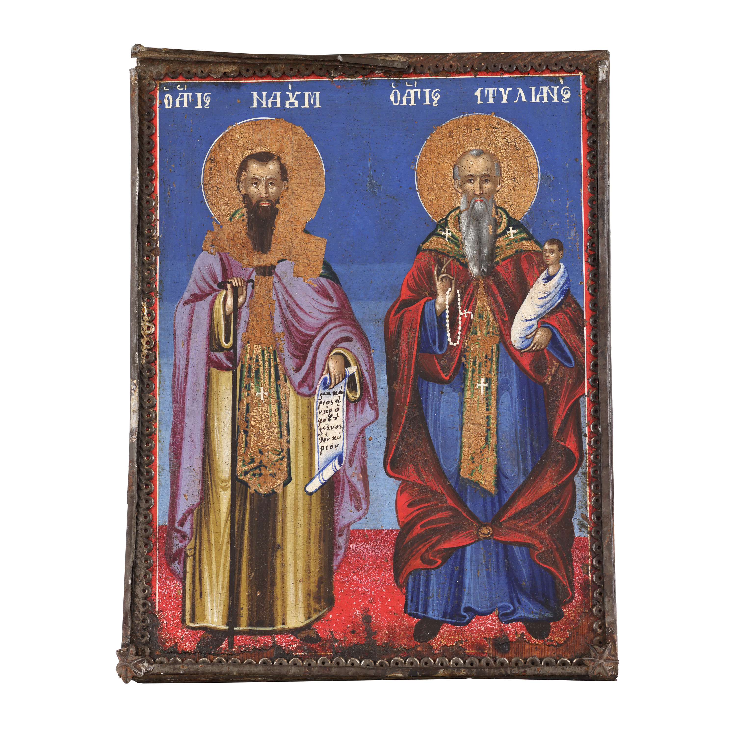 Icoană pe lemn, cu riză, ”Sfinții Naum și Stelian”, școală grecească, primele decenii ale sec. XIX, piesă rară, de colecție