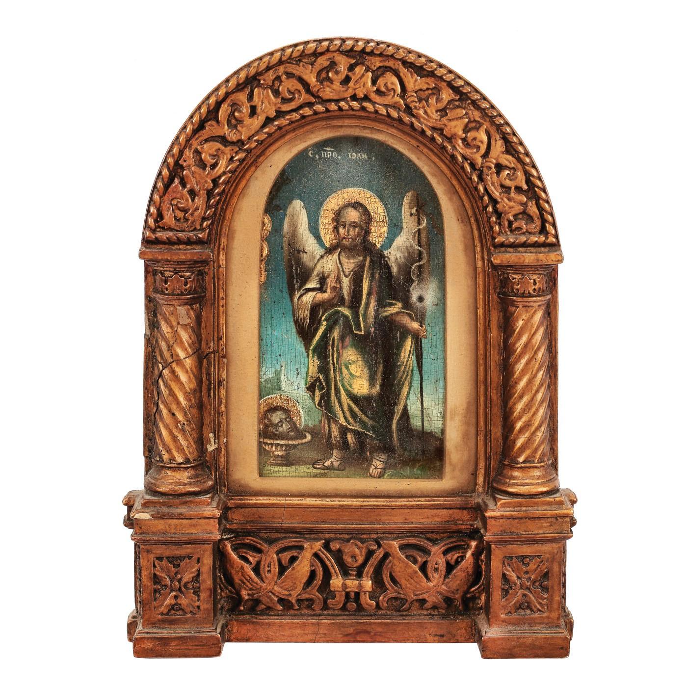 Icoană pe lemn, "Sfântul Ioan Botezătorul - Îngerul Deșertului", școală românească, probabil Căldărușani, jumătatea sec. XIX, provine din colecţia Rudolf Hermann Moser
