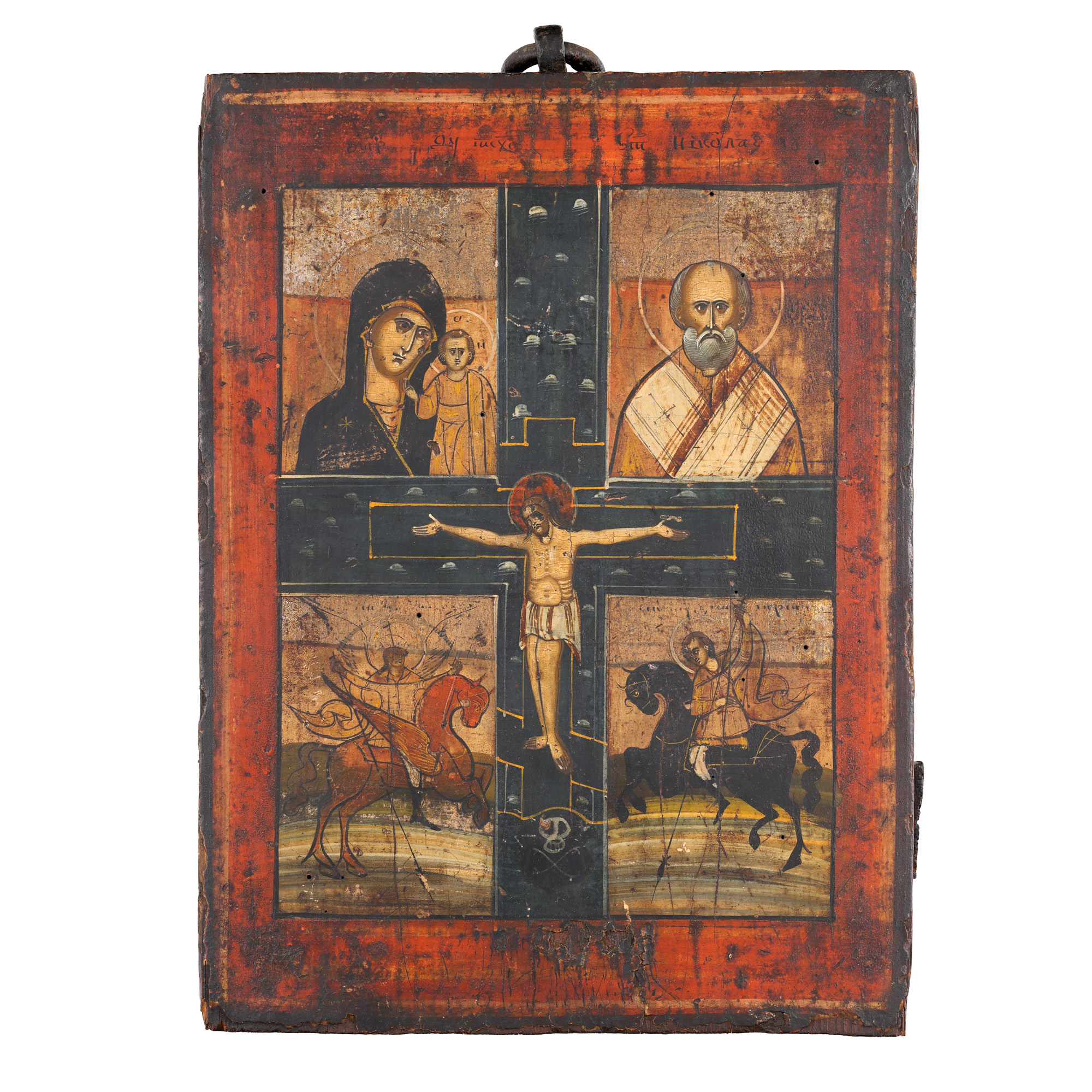 Icon on wood, in four registers, "Mother of God with the Child (Kazanskaia), Saint Nicholas, Saint Archangel Michael and Saint George killing the dragon", Russian school (Kholui), 19th century.