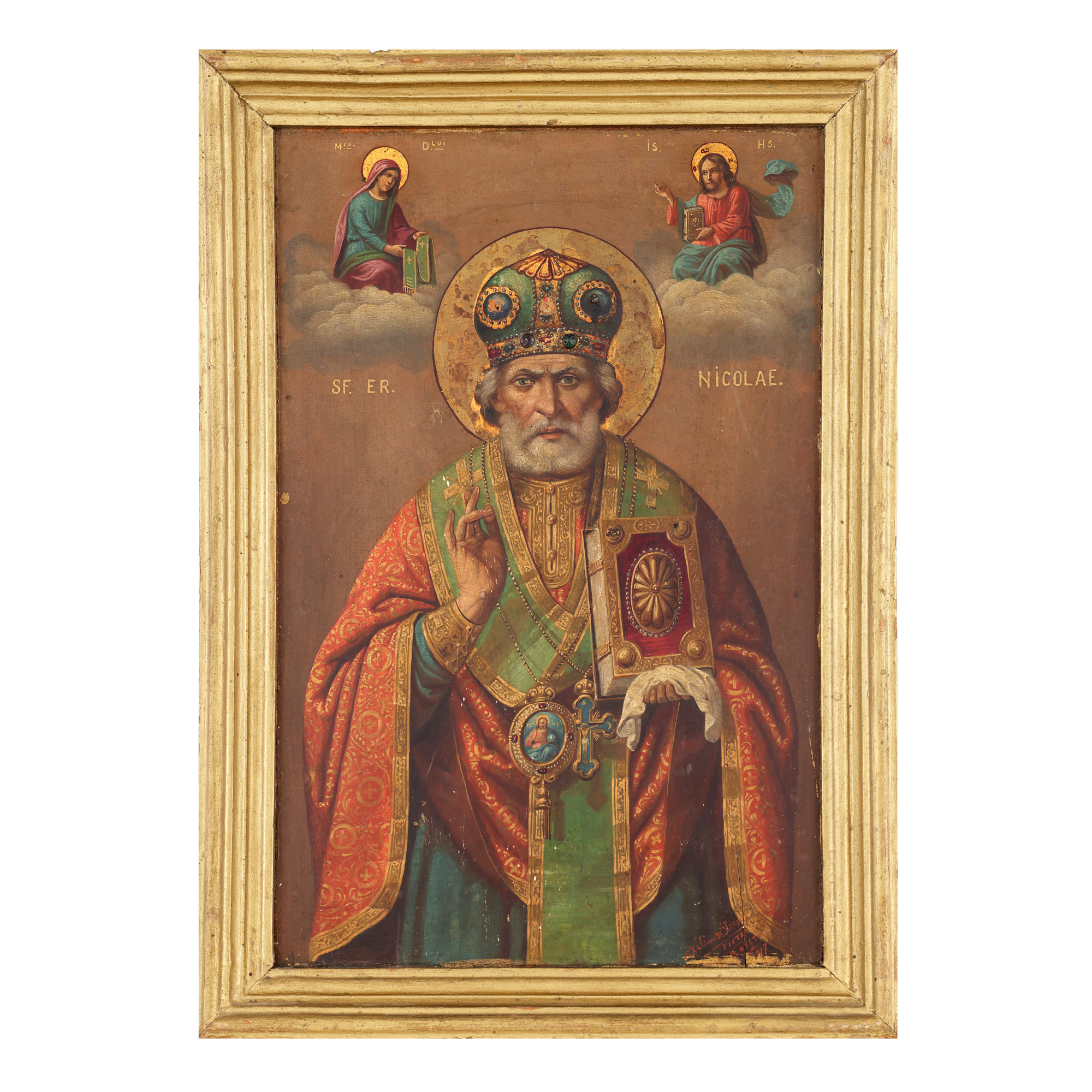 Icoană pe lemn, ”Sfântul Ierarh Nicolae”, pictor Stelian D. Iliescu, Ploiești, 1917