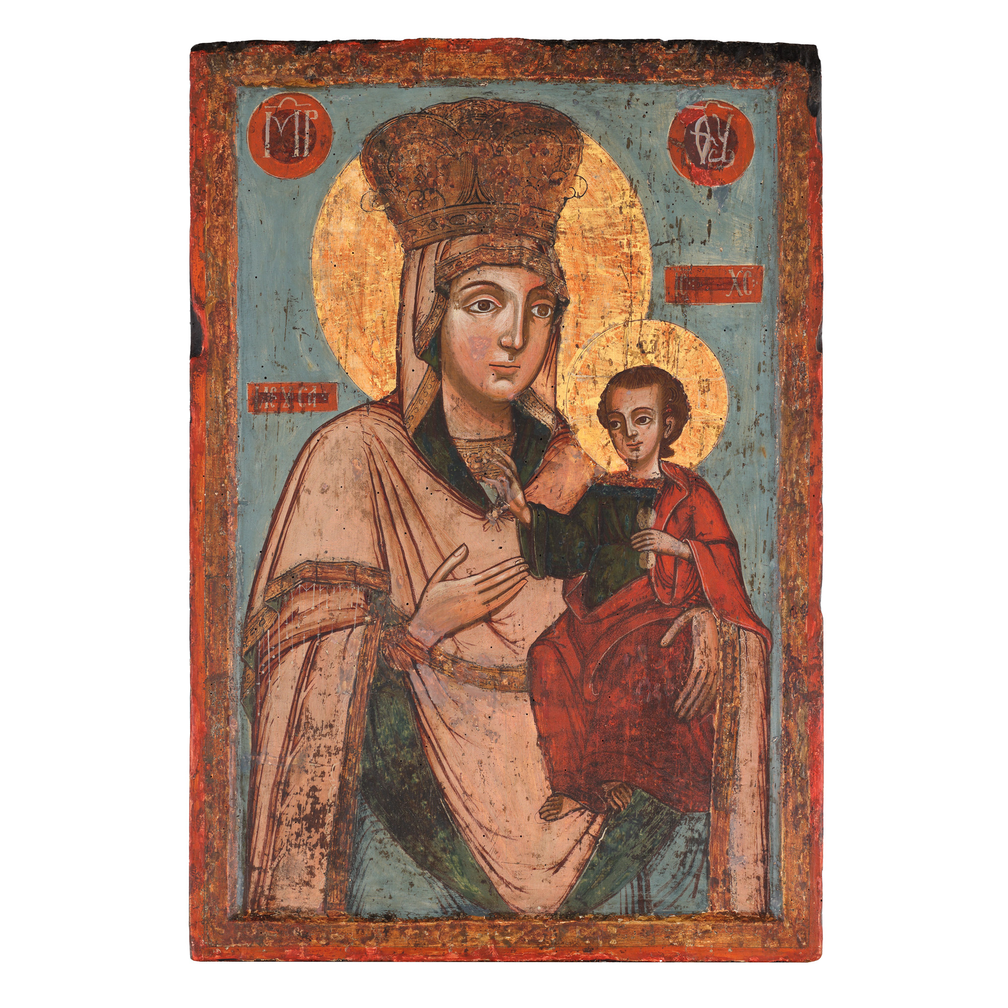 Icoană împărătească pe lemn, ”Maica Domnului cu Pruncul (Hodighitria)”, școală românească, începutul sec. XIX, de colecție