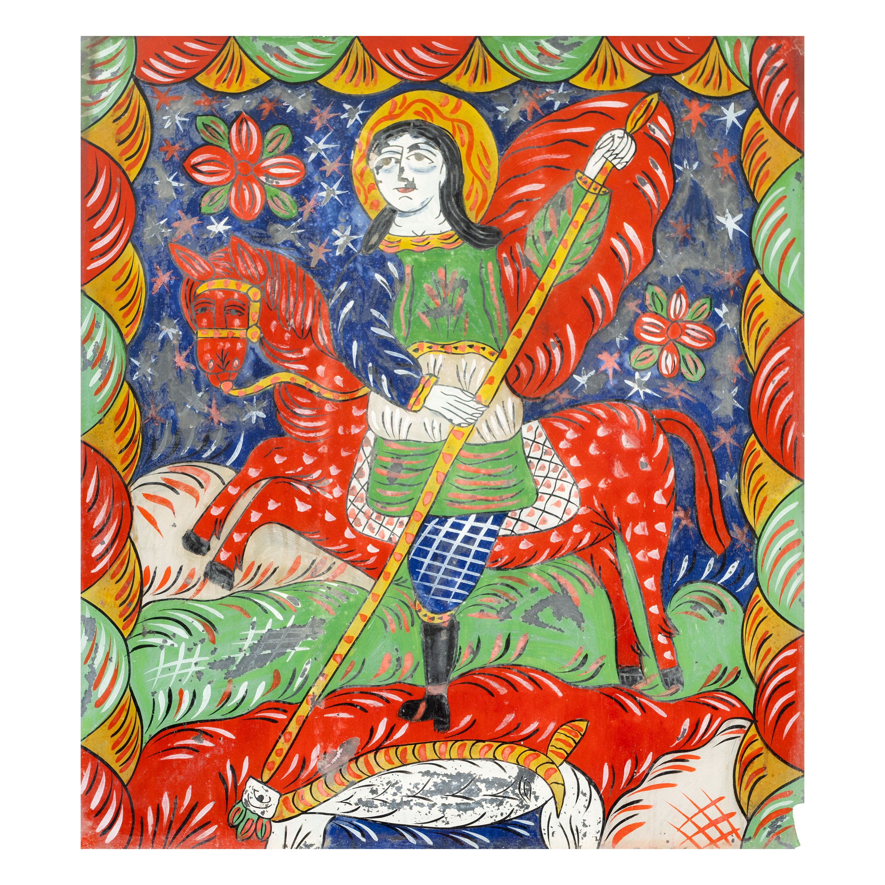 Icoană pe glajă, ”Sfântul Gheorghe ucigând balaurul”, atribuit zugrav Ana Deji, Făgăraș, sfârşitul sec. XIX, provine din colecția criticului de artă Ruxandra Garofeanu