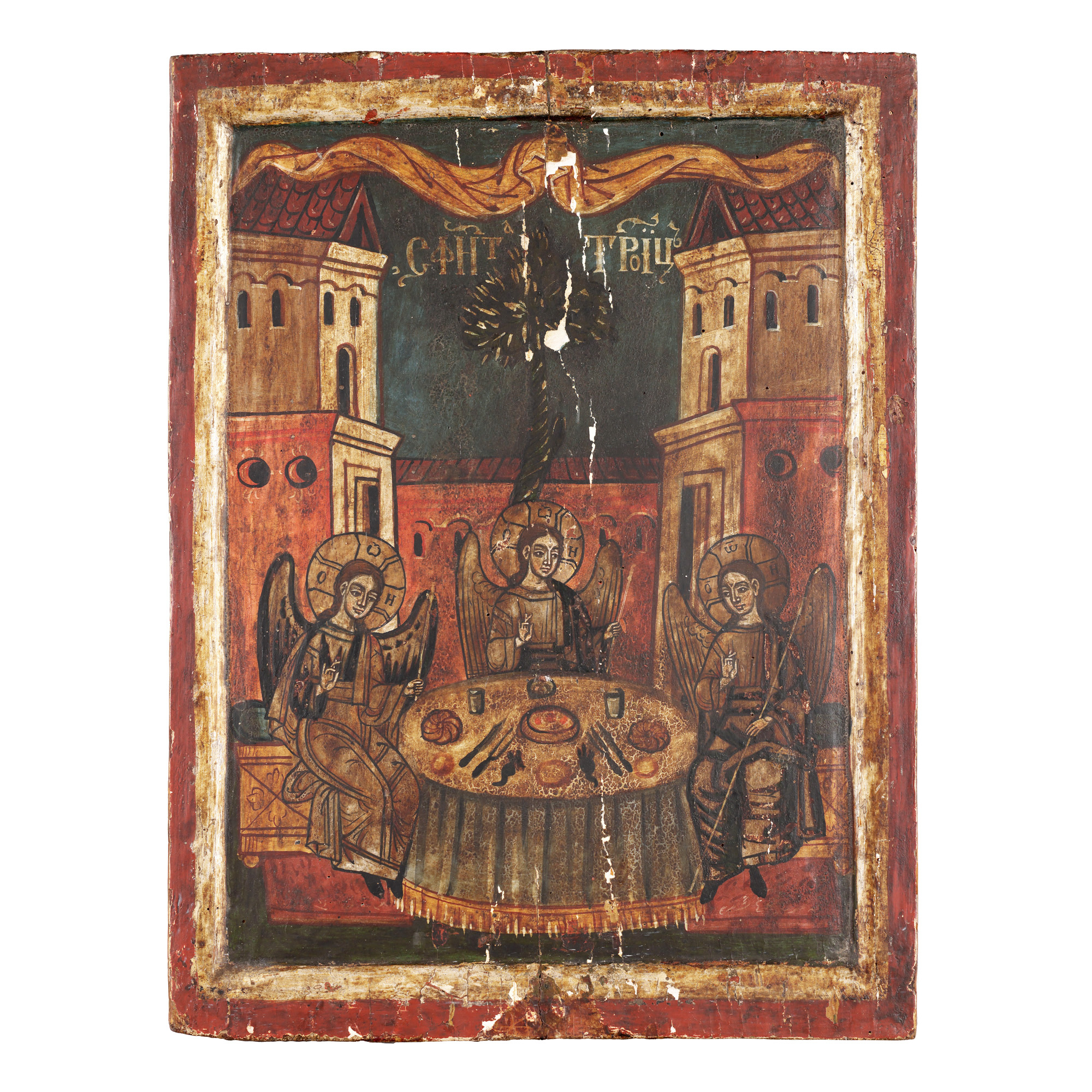 Icon on wood, "Holy Trinity (The Meal at Mamvri)", post-Brâncovan school, mid 18th century, collector's item