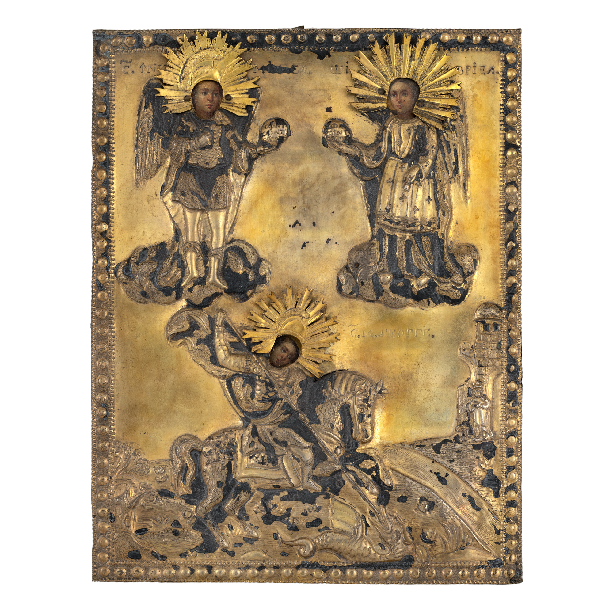 Icon on wood, with gilded silver frame, "The Holy Archangels Michael and Gabriel", Romanian school, mid 19th century