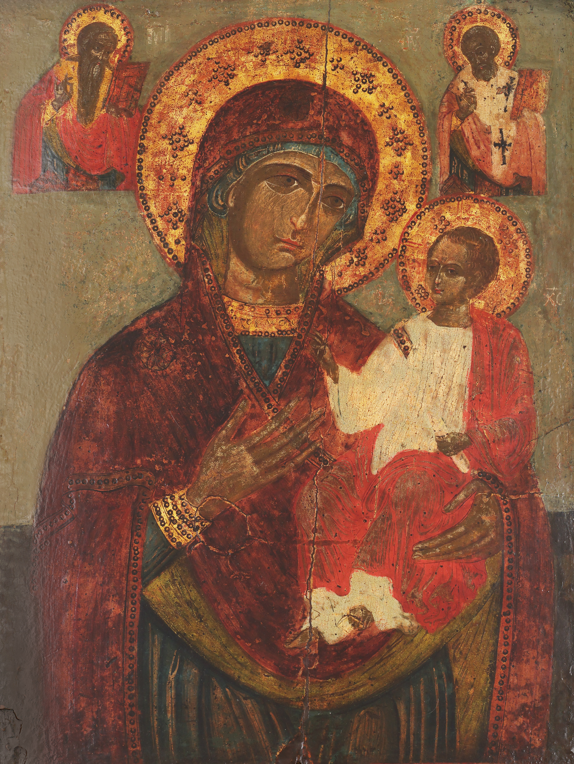 Icon on wood, "Mother of God with Infant (Hodigitria), Saint Haralambos and Saint Nicholas", Greek school, first half of the 18th century, collection piece