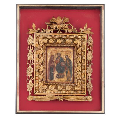 Icoană pe lemn, "Deisis", ramă sculptată, școală grecească, jumătatea sec. XVIII, de colecție
